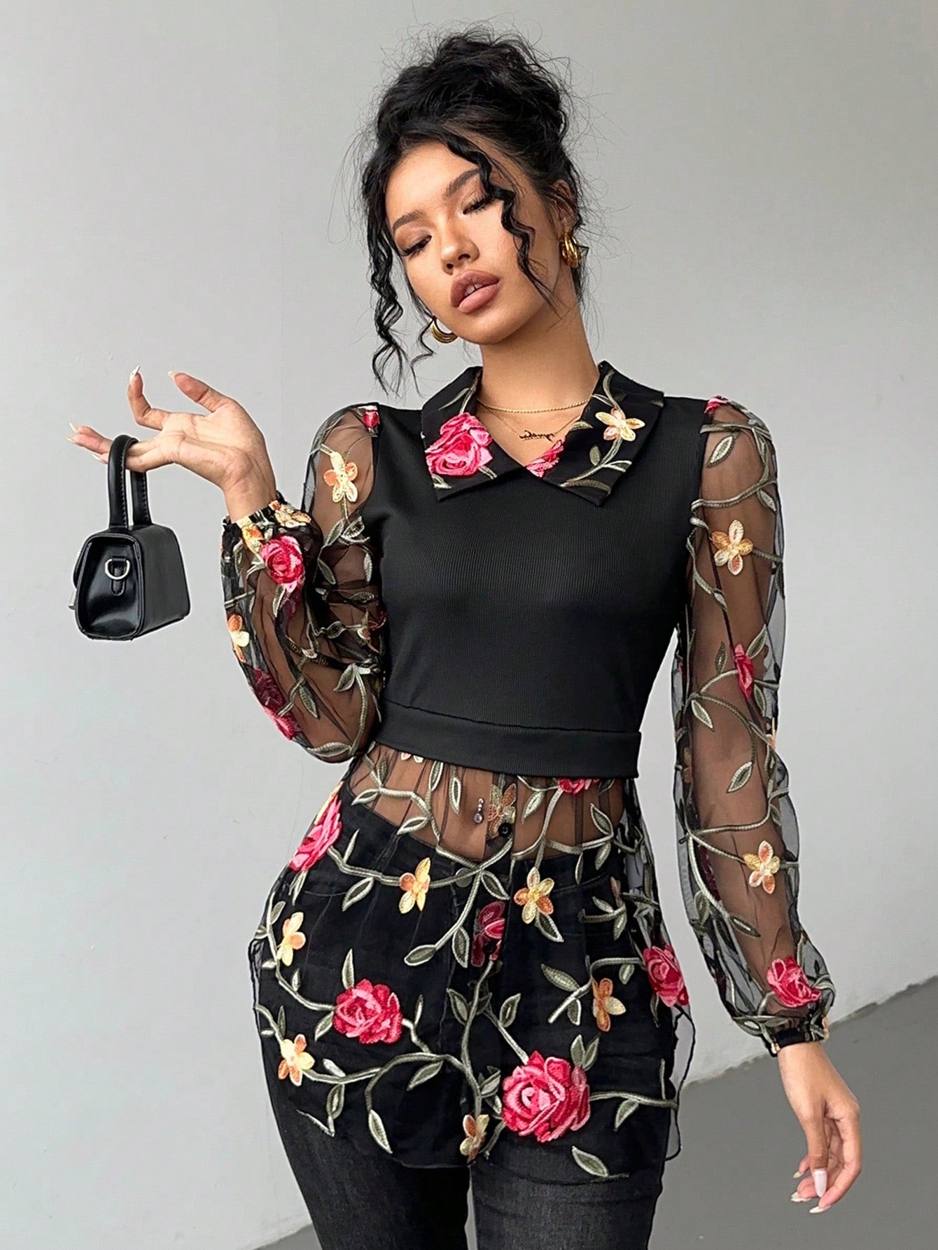 Frenchy Embroidered Mesh Design Contrast Color Knitted Ribbed Two-Piece Top