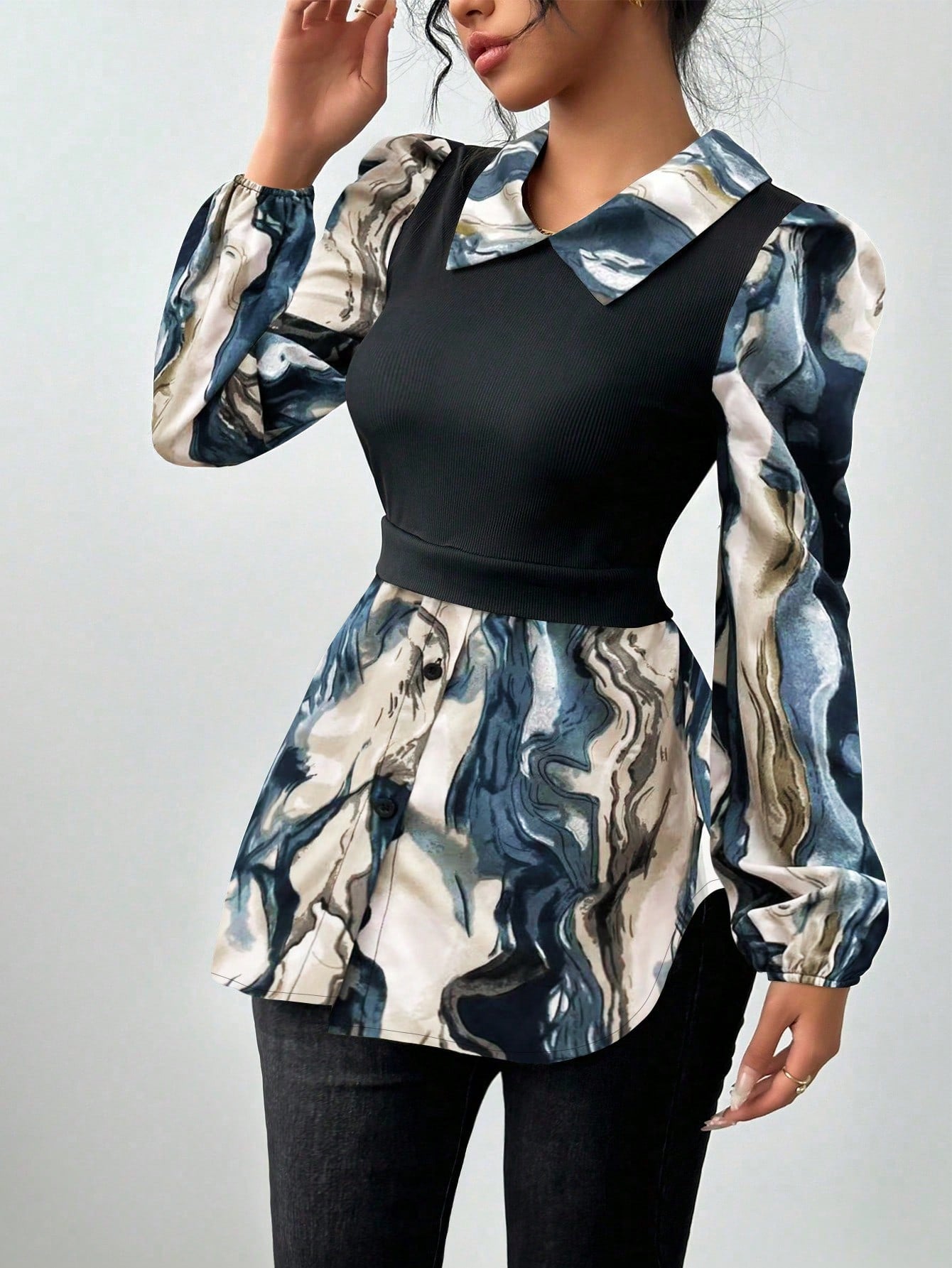 Frenchy Embroidered Mesh Design Contrast Color Knitted Ribbed Two-Piece Top