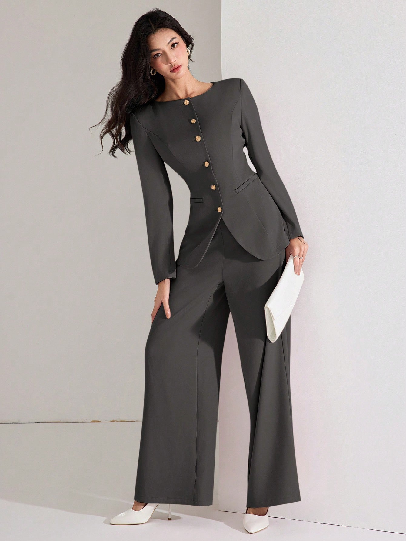 Heiryn Women's Elegant Solid Color Fitted Jacket And Pants Suit Set, Chocolate Brown Modern Suiting