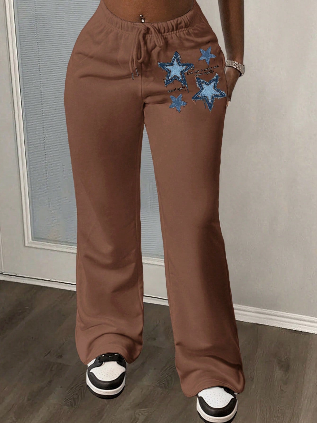 Slayr 2024 New Casual Basic Street Style Drawstring Straight Leg Pants, Women Star Pattern White Sweatpants