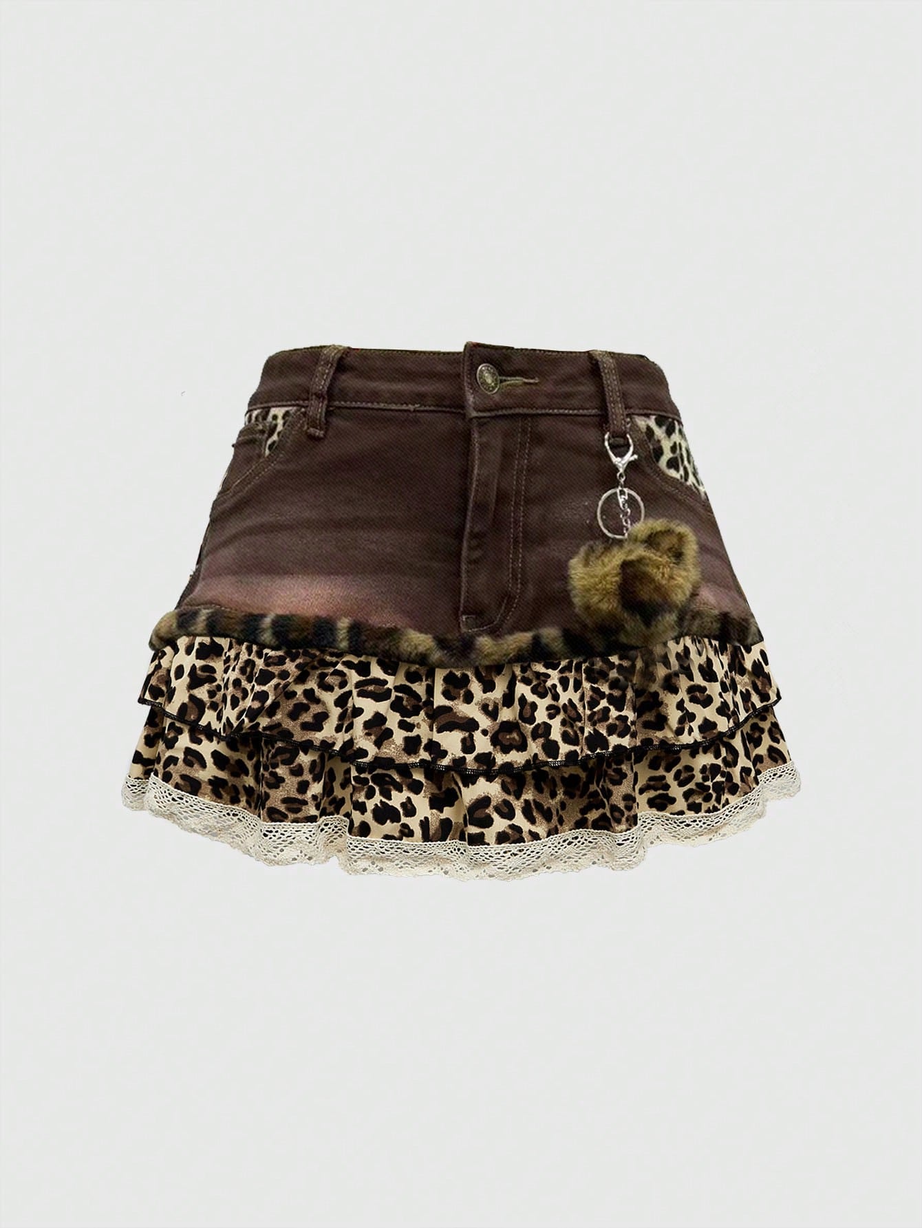 ROMWE Kawaii Y2K Style Leopard Print Patchwork Cute Denim Mini Skirt