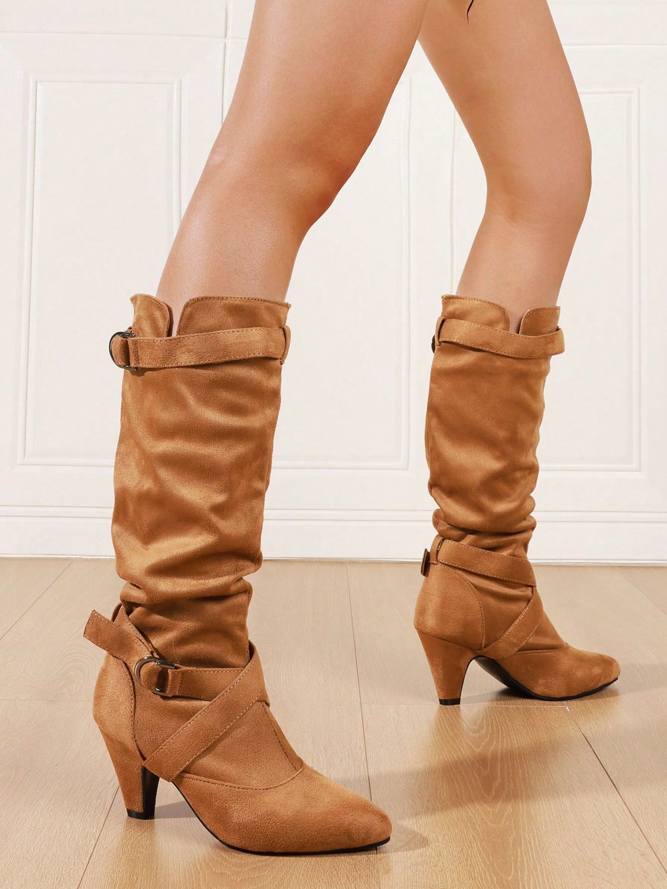 Brown Suede Women Slouchy Boots Kitten Heels Buckle Strap Women Fall Tall Shoes Luxury Casual Elegant Retro Women Mid Calf Shoes