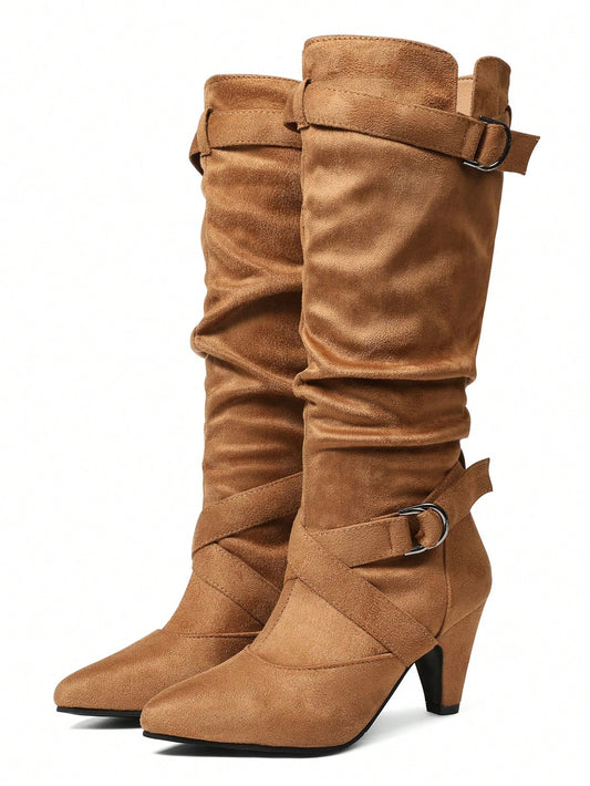 Brown Suede Women Slouchy Boots Kitten Heels Buckle Strap Women Fall Tall Shoes Luxury Casual Elegant Retro Women Mid Calf Shoes