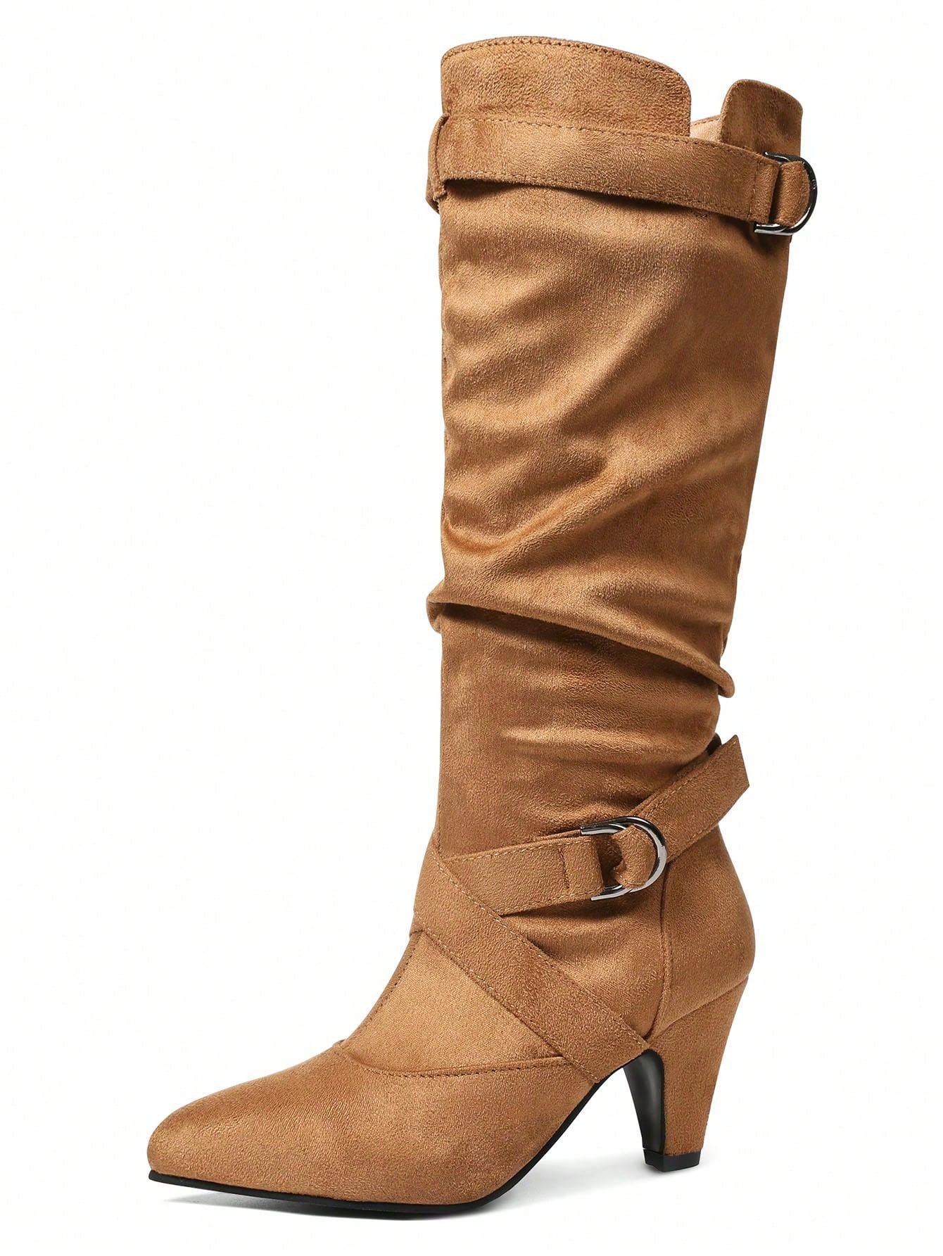 Brown Suede Women Slouchy Boots Kitten Heels Buckle Strap Women Fall Tall Shoes Luxury Casual Elegant Retro Women Mid Calf Shoes