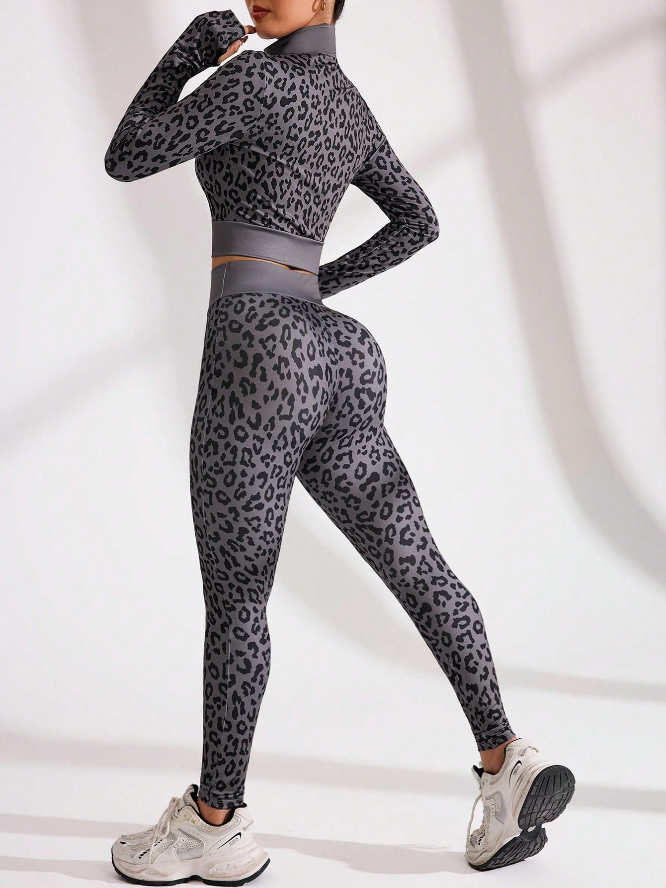 Sport Studio Women Leopard Print Activewear Set - Zip-Up Stand Collar Long Sleeve Crop Top & Long Pants
