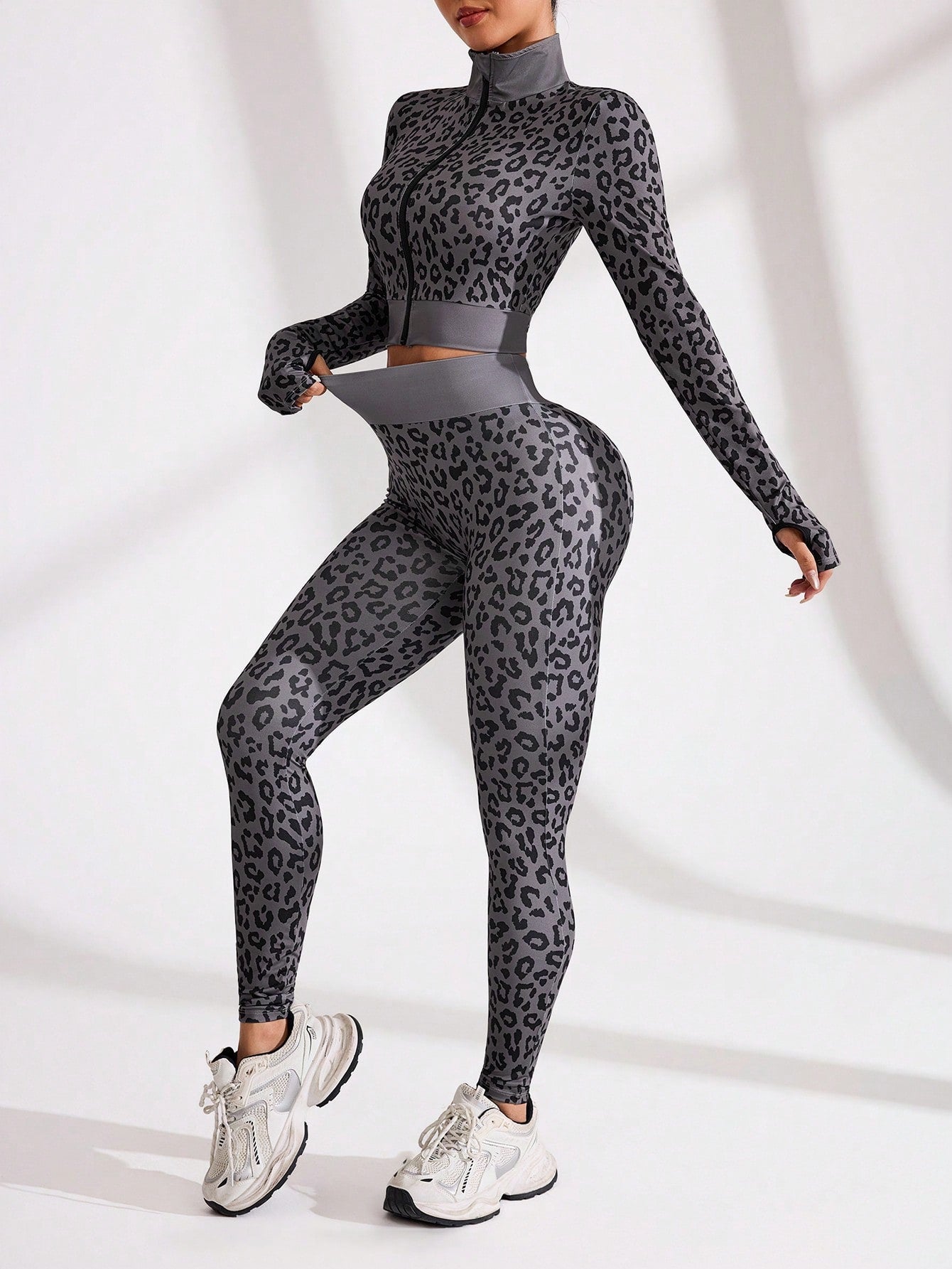 Sport Studio Women Leopard Print Activewear Set - Zip-Up Stand Collar Long Sleeve Crop Top & Long Pants