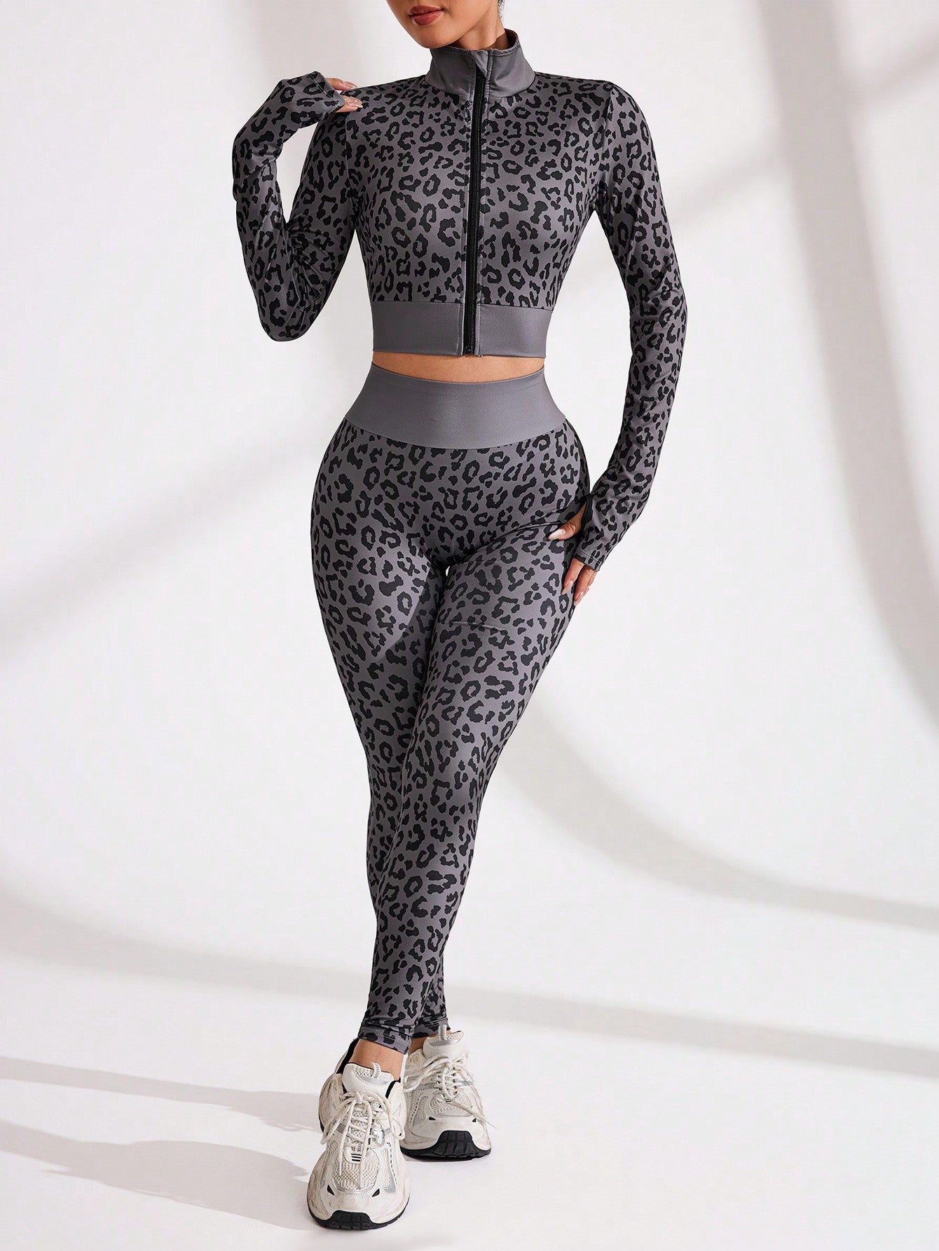 Sport Studio Women Leopard Print Activewear Set - Zip-Up Stand Collar Long Sleeve Crop Top & Long Pants