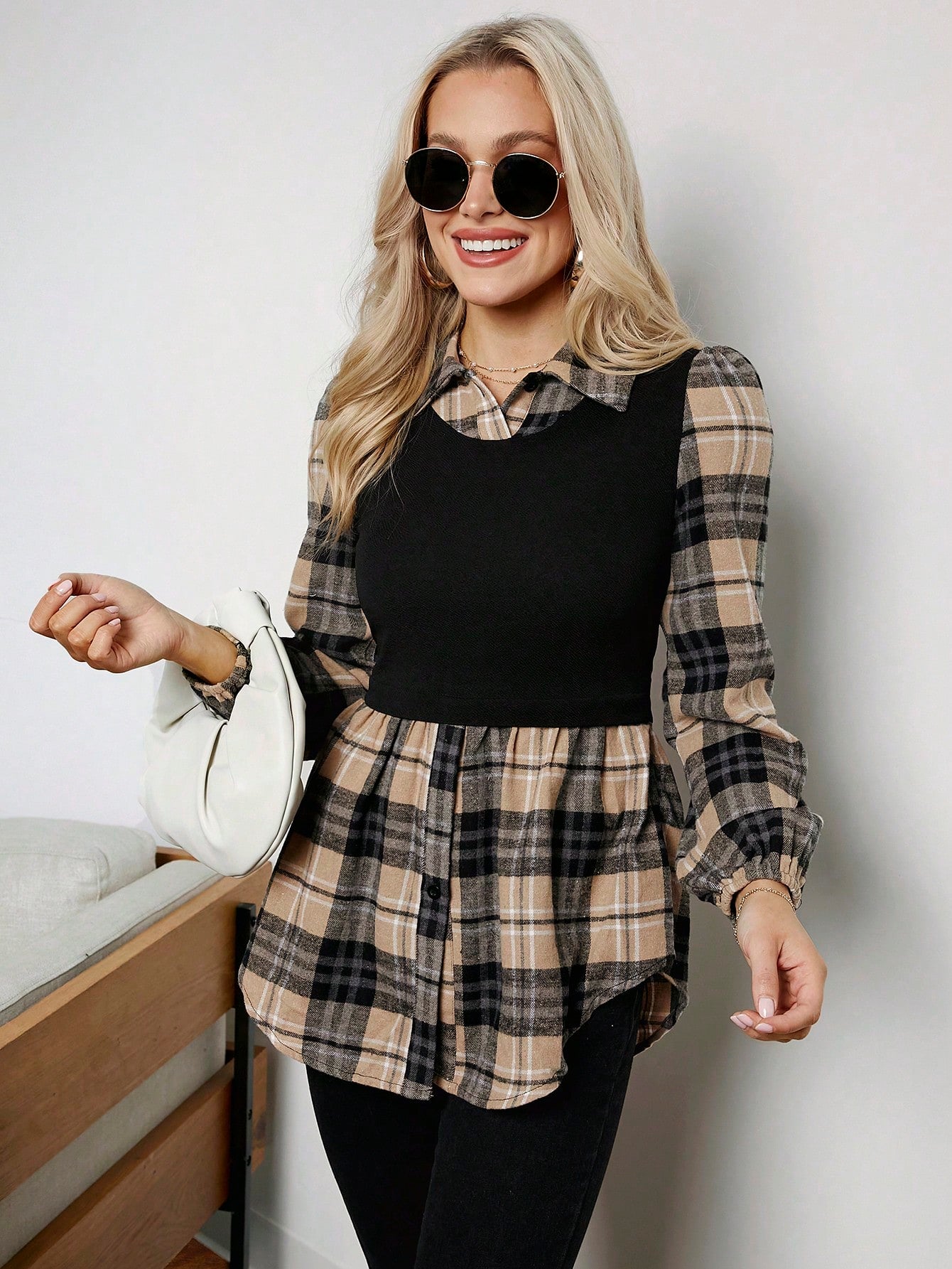 Wildara Stand Collar Lantern Sleeve Knit Contrast Stitching Casual Geometric Print Shirts,Office Wear Women,Airport Outfit