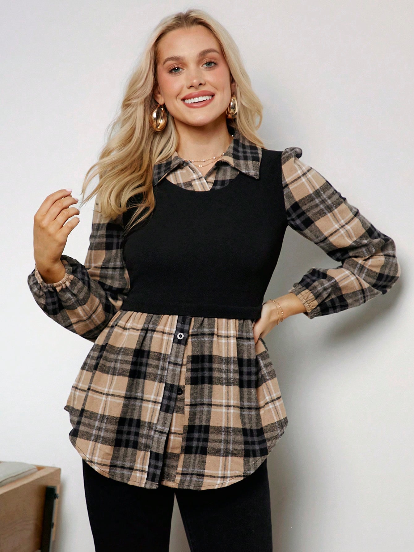 Wildara Stand Collar Lantern Sleeve Knit Contrast Stitching Casual Geometric Print Shirts,Office Wear Women,Airport Outfit