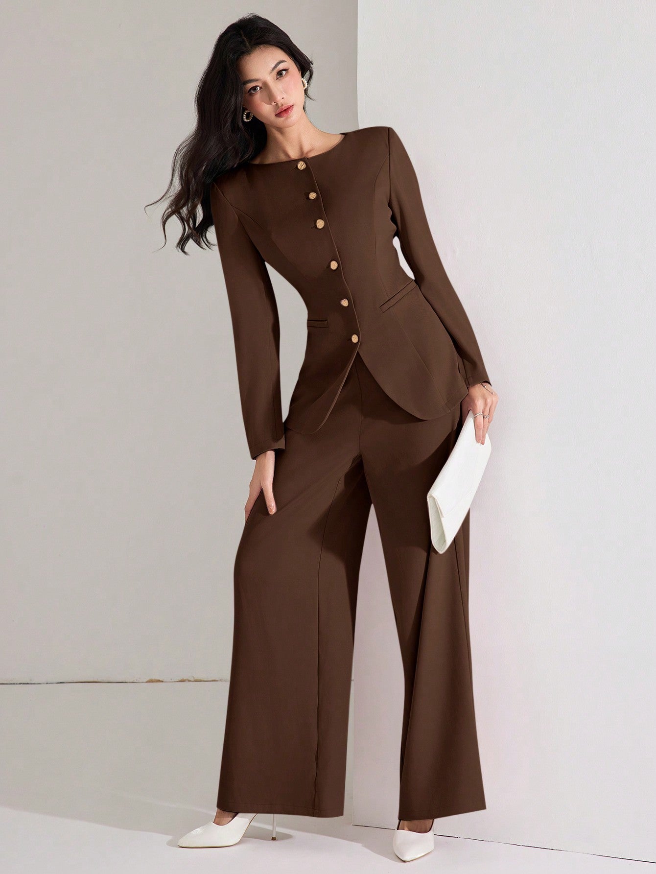 Heiryn Women's Elegant Solid Color Fitted Jacket And Pants Suit Set, Chocolate Brown Modern Suiting