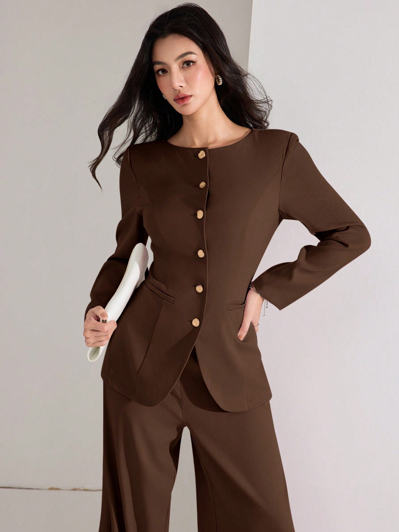 Heiryn Women's Elegant Solid Color Fitted Jacket And Pants Suit Set, Chocolate Brown Modern Suiting