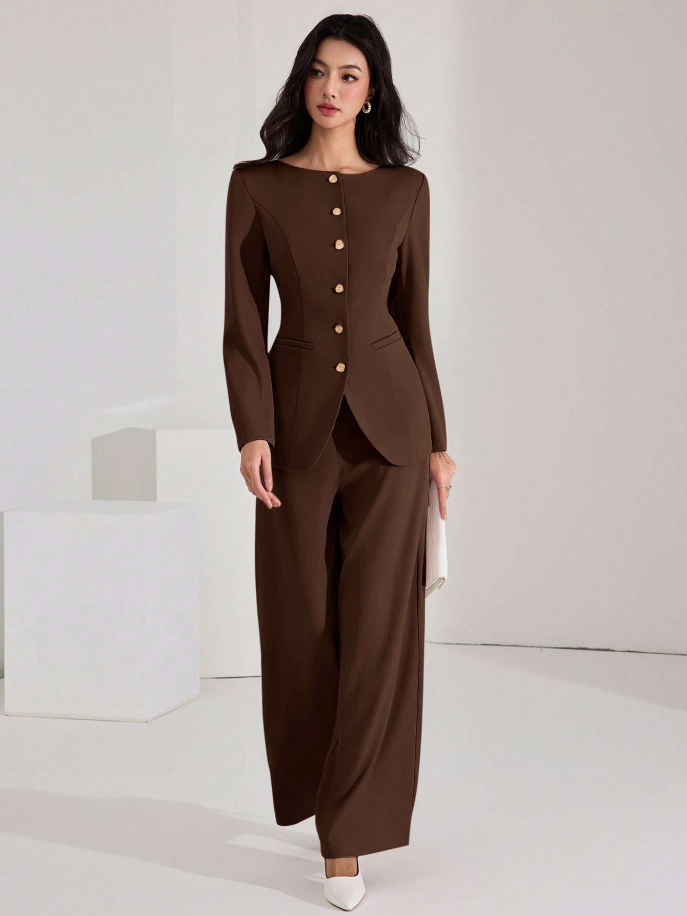 Heiryn Women's Elegant Solid Color Fitted Jacket And Pants Suit Set, Chocolate Brown Modern Suiting