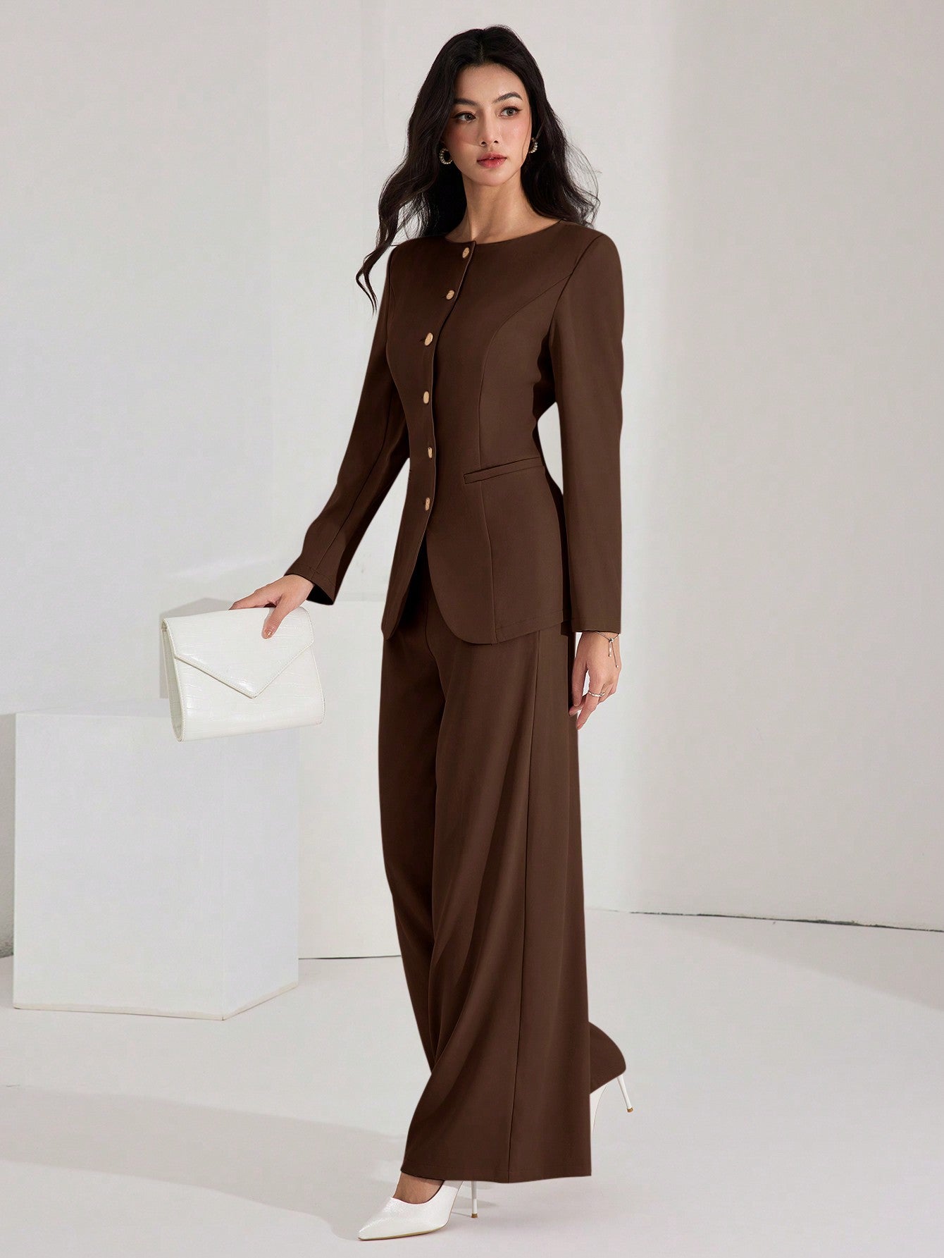 Heiryn Women's Elegant Solid Color Fitted Jacket And Pants Suit Set, Chocolate Brown Modern Suiting