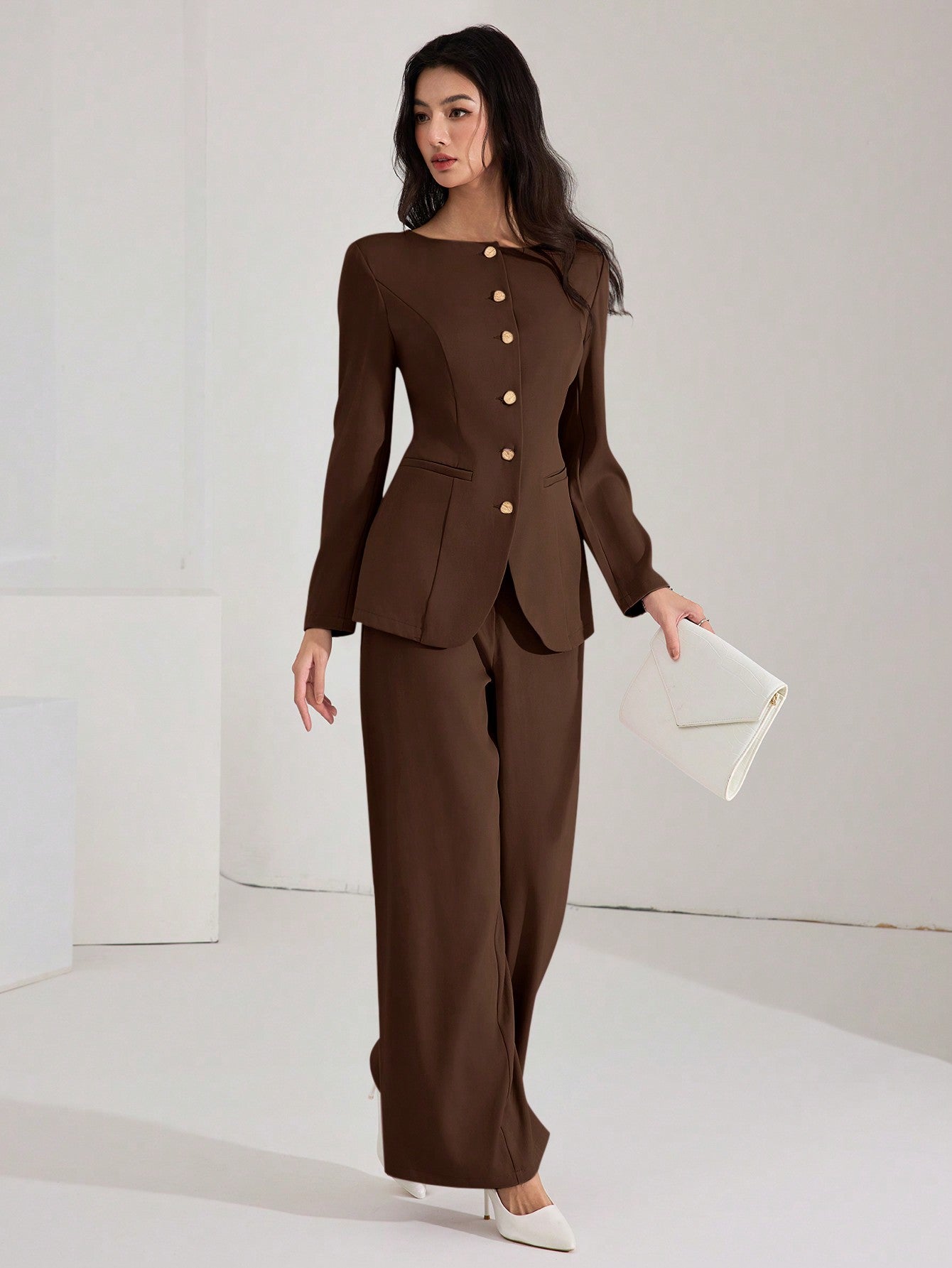 Heiryn Women's Elegant Solid Color Fitted Jacket And Pants Suit Set, Chocolate Brown Modern Suiting