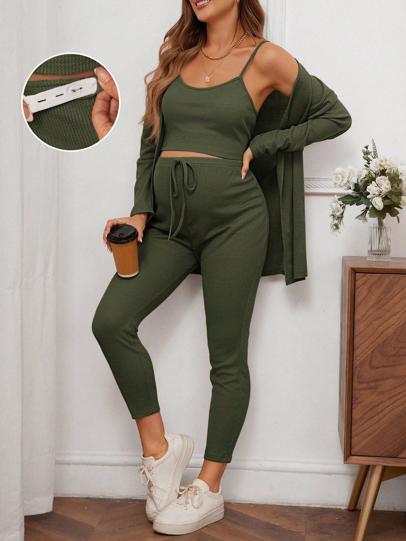 Maternity Waffle Knit Tank Top And Adjustable Bow-Tied Waist Leggings Set With Coat