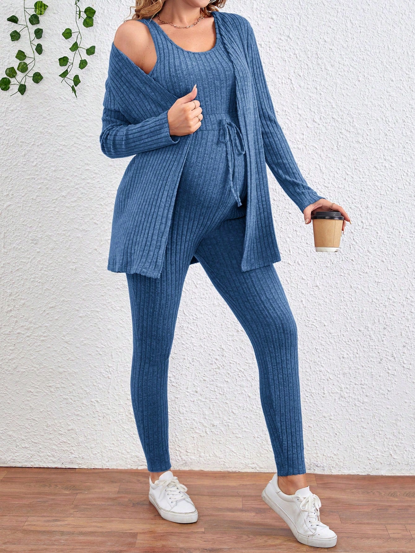 Maternity Striped Lapel Collar Long Sleeve Coat And Waist Tie Jumpsuit Set