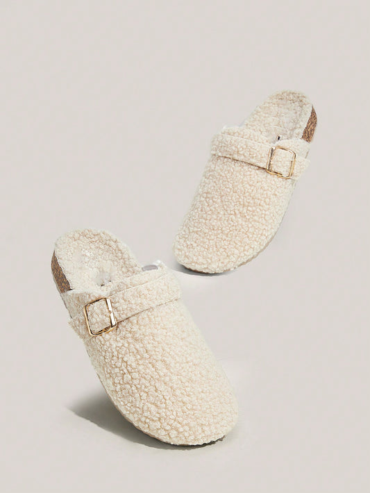 Solecia Women's Round Flat Apricot Toe Slip On Fluffy Slippers With Buckle Decor, Suitable For Indoor And Outdoor For Summer Vacation Shoes Summer Sale Back To School Shoes College Student Shoes Christmas Fall New Year Holiday