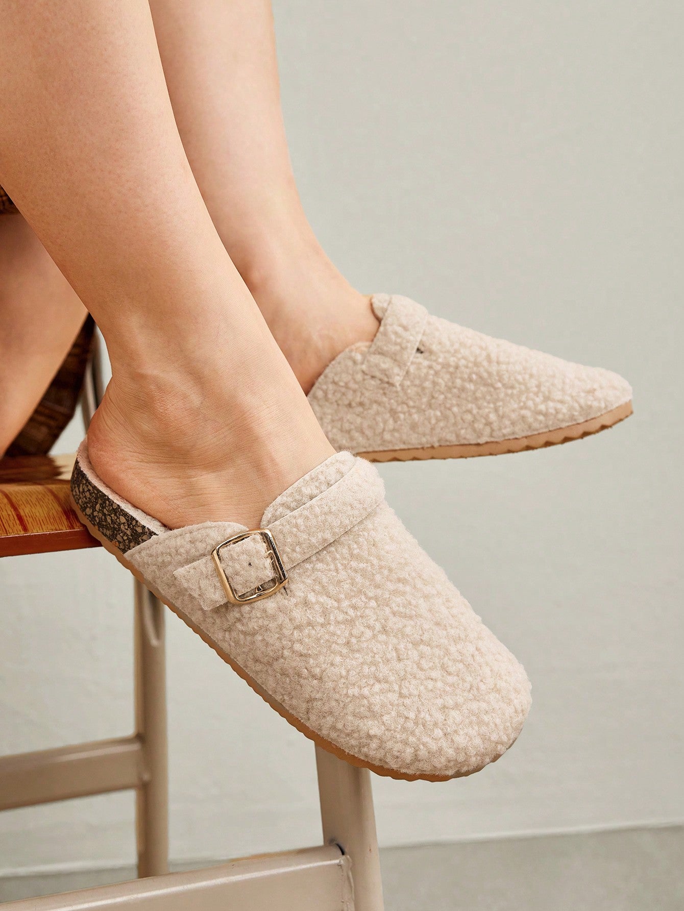 Solecia Women's Round Flat Apricot Toe Slip On Fluffy Slippers With Buckle Decor, Suitable For Indoor And Outdoor For Summer Vacation Shoes Summer Sale Back To School Shoes College Student Shoes Christmas Fall New Year Holiday