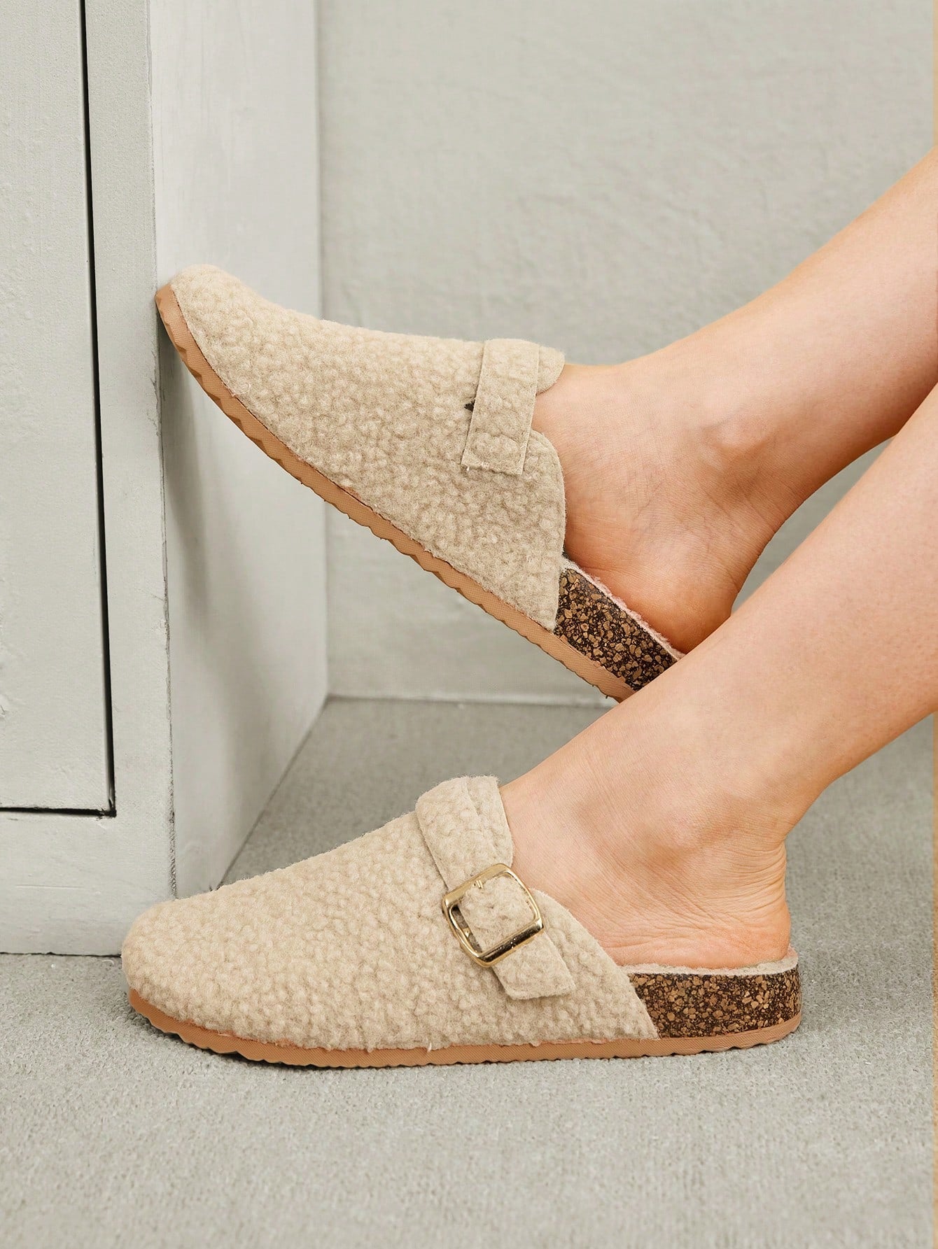 Solecia Women's Round Flat Apricot Toe Slip On Fluffy Slippers With Buckle Decor, Suitable For Indoor And Outdoor For Summer Vacation Shoes Summer Sale Back To School Shoes College Student Shoes Christmas Fall New Year Holiday