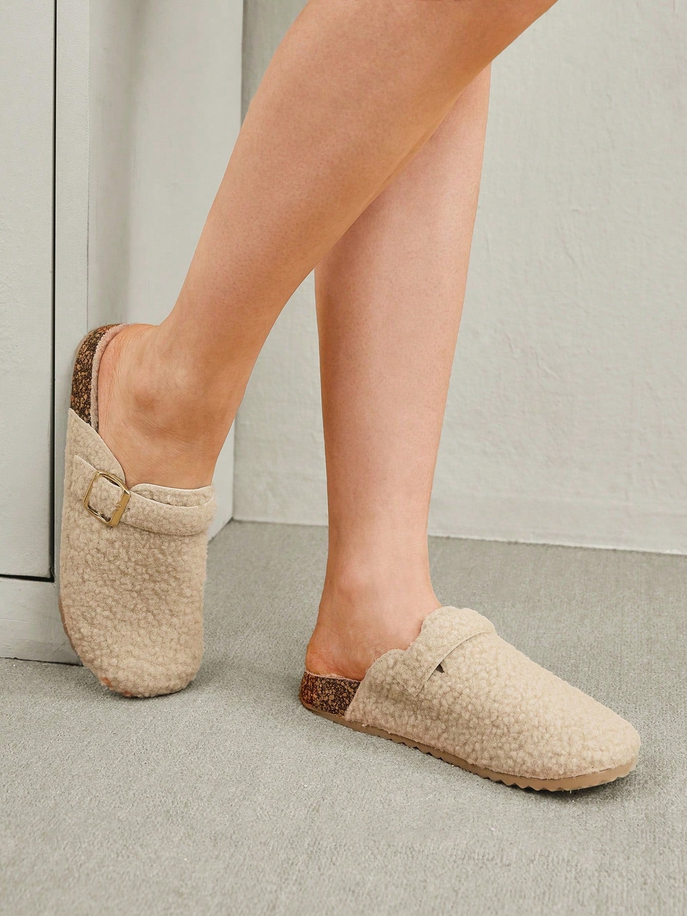 Solecia Women's Round Flat Apricot Toe Slip On Fluffy Slippers With Buckle Decor, Suitable For Indoor And Outdoor For Summer Vacation Shoes Summer Sale Back To School Shoes College Student Shoes Christmas Fall New Year Holiday