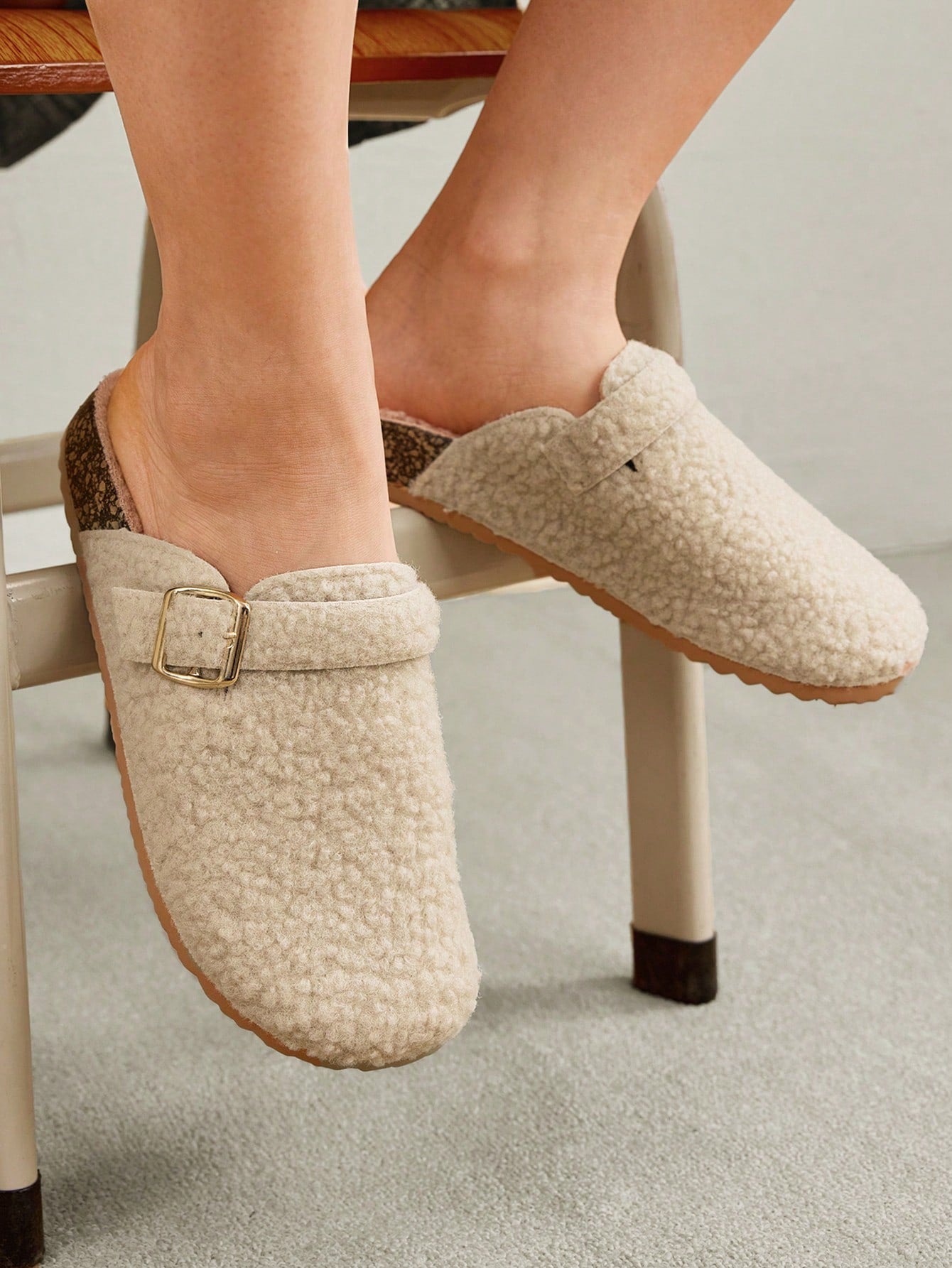 Solecia Women's Round Flat Apricot Toe Slip On Fluffy Slippers With Buckle Decor, Suitable For Indoor And Outdoor For Summer Vacation Shoes Summer Sale Back To School Shoes College Student Shoes Christmas Fall New Year Holiday