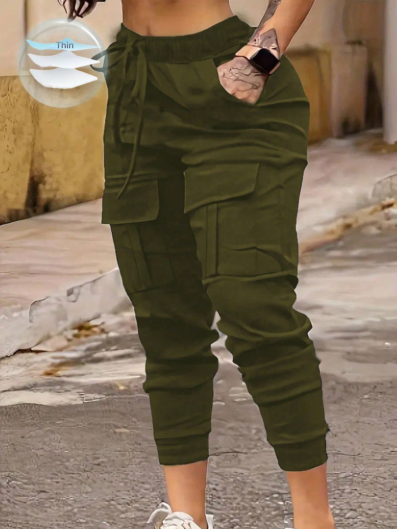 MOOSTA Plus Size Drawstring Waist & Cuffed Workwear Long Trousers