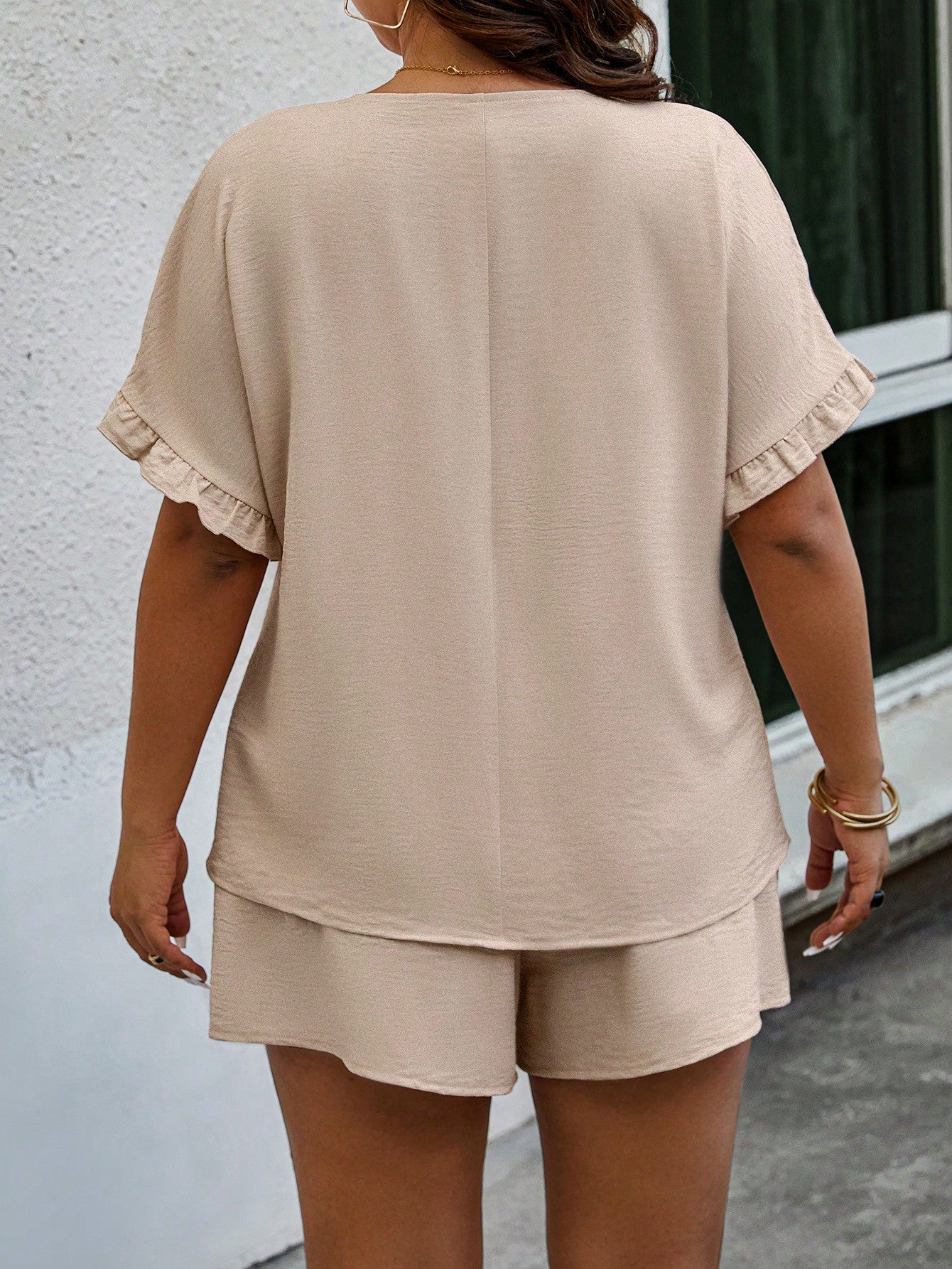 JORESS Plus Size Lace Patchwork Ruffle Hem Decor Casual Two Piece Set