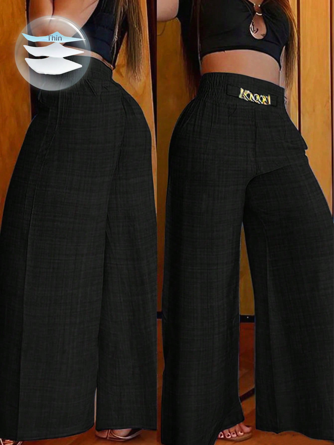 Clasi Women's Casual Metal Chain Embellished Loose Wide Leg Pants, Linen Khaki Trousers Autumn