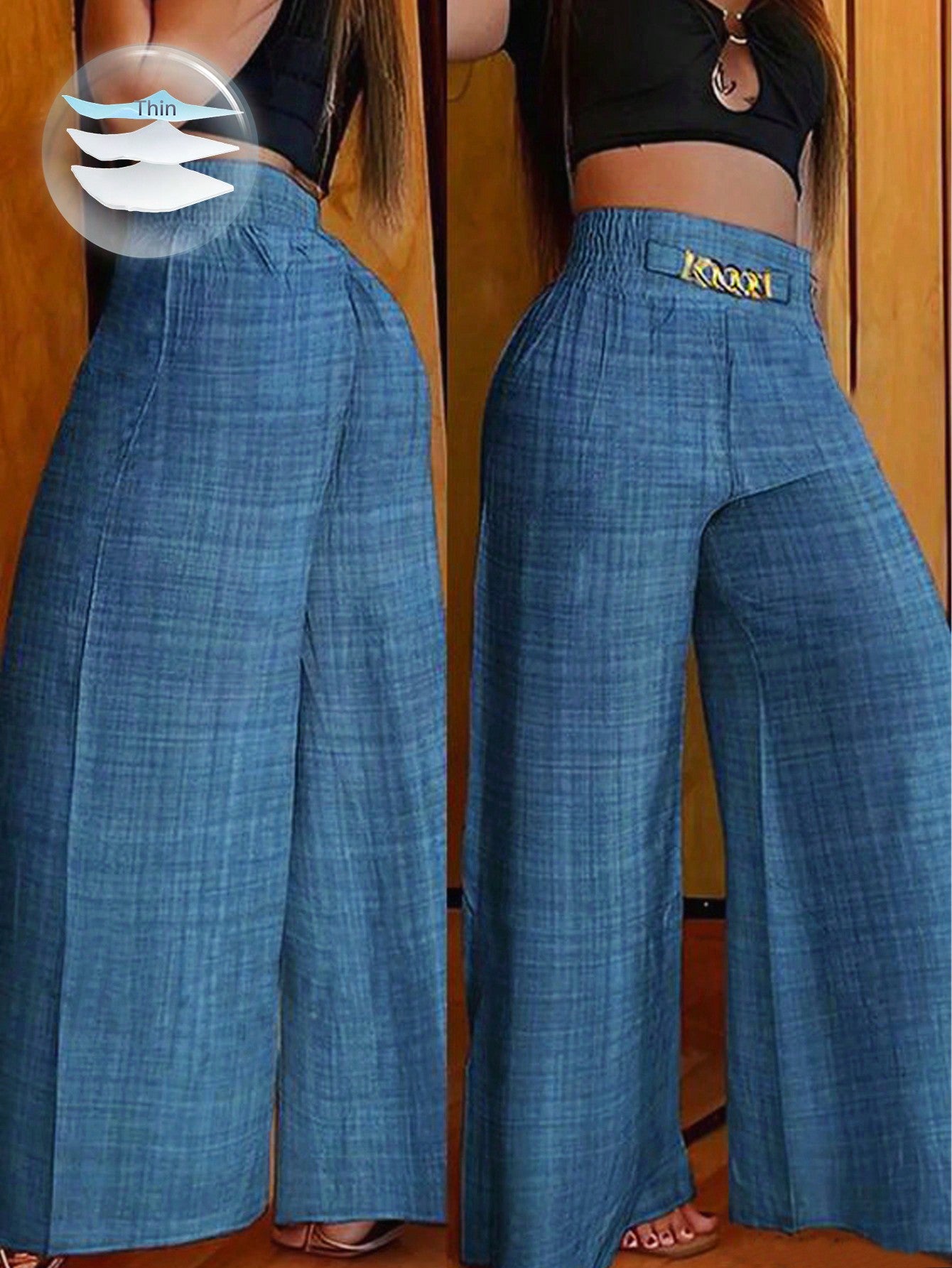 Clasi Women's Casual Metal Chain Embellished Loose Wide Leg Pants, Linen Khaki Trousers Autumn