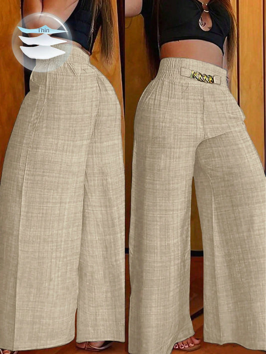 Clasi Women's Casual Metal Chain Embellished Loose Wide Leg Pants, Linen Khaki Trousers Autumn