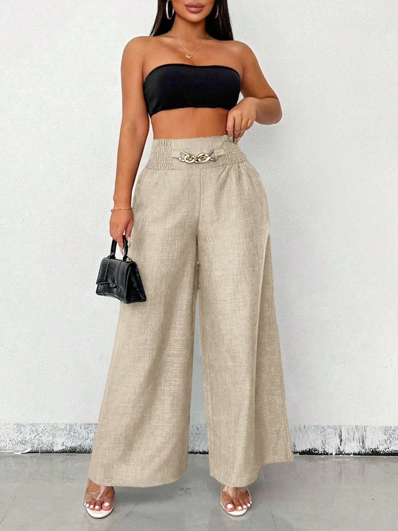 Clasi Women's Casual Metal Chain Embellished Loose Wide Leg Pants, Linen Khaki Trousers Autumn