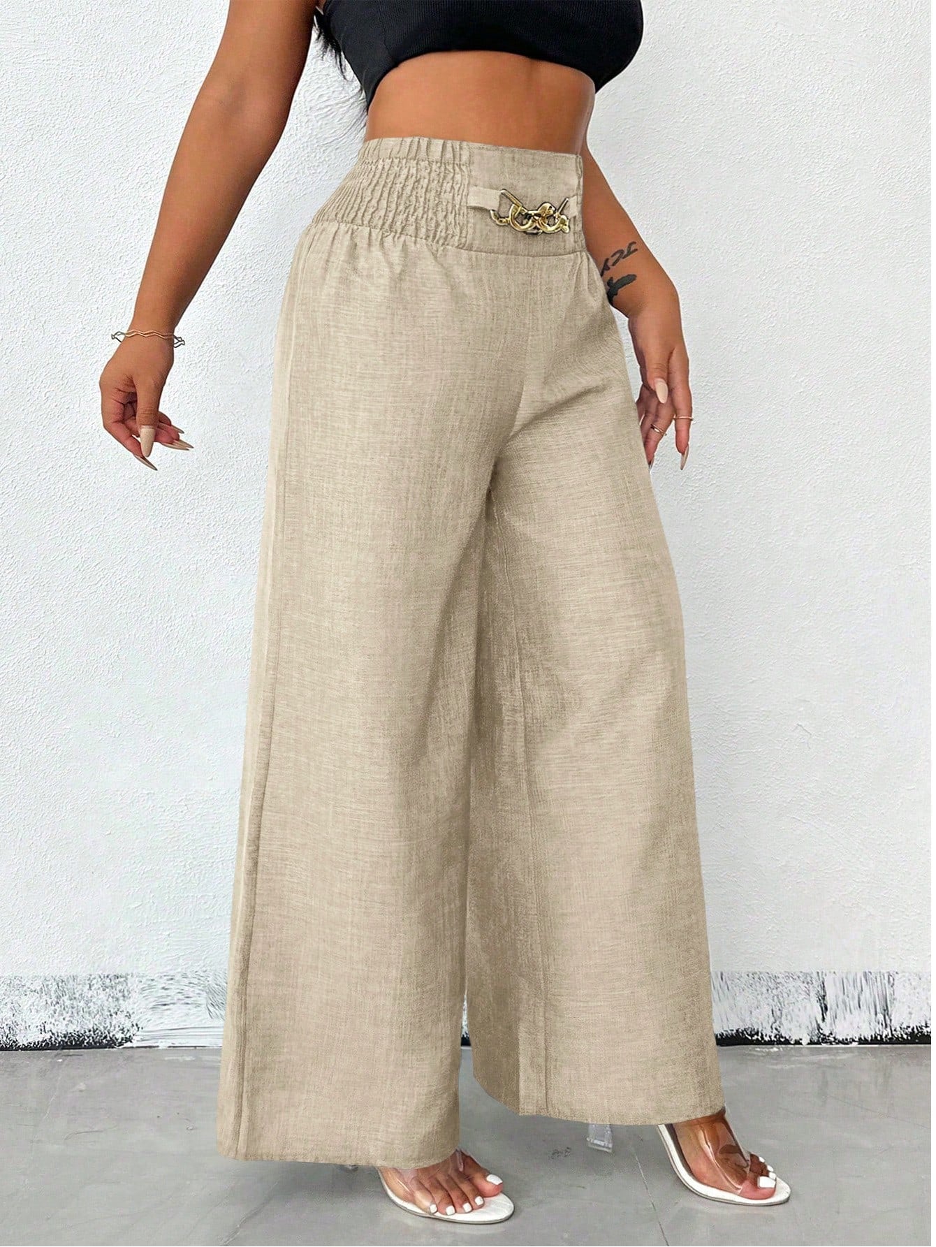 Clasi Women's Casual Metal Chain Embellished Loose Wide Leg Pants, Linen Khaki Trousers Autumn
