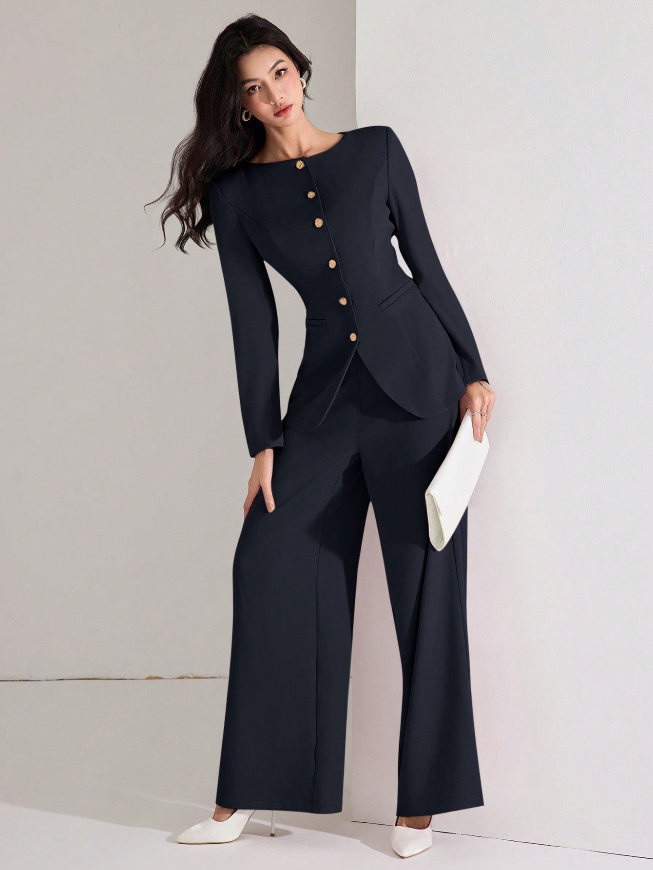 Heiryn Women's Elegant Solid Color Fitted Jacket And Pants Suit Set, Chocolate Brown Modern Suiting