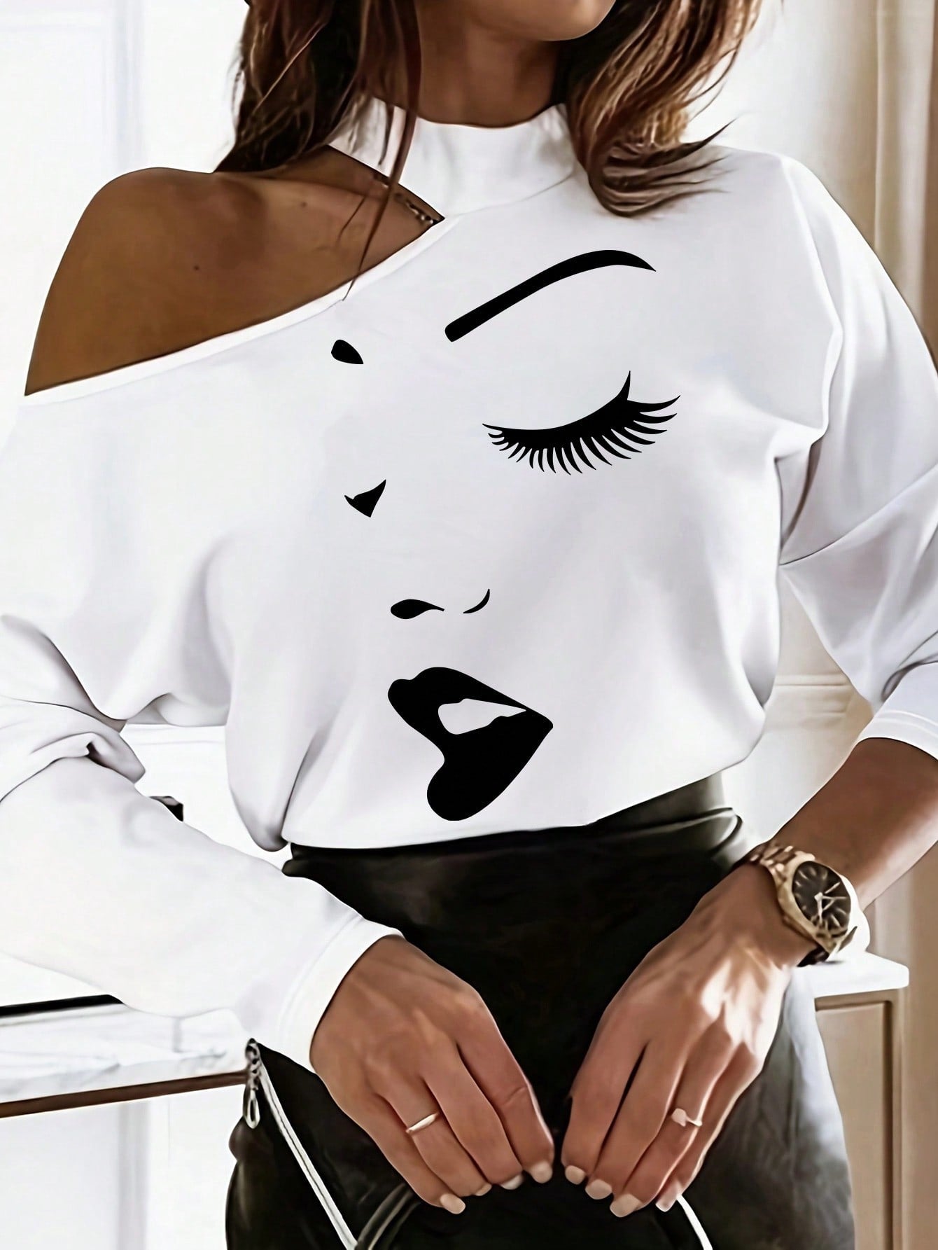 INAWLY Women's Spring Casual Asymmetrical T-Shirt With Character Print And Stand Collar Graphic Tees Women Tops