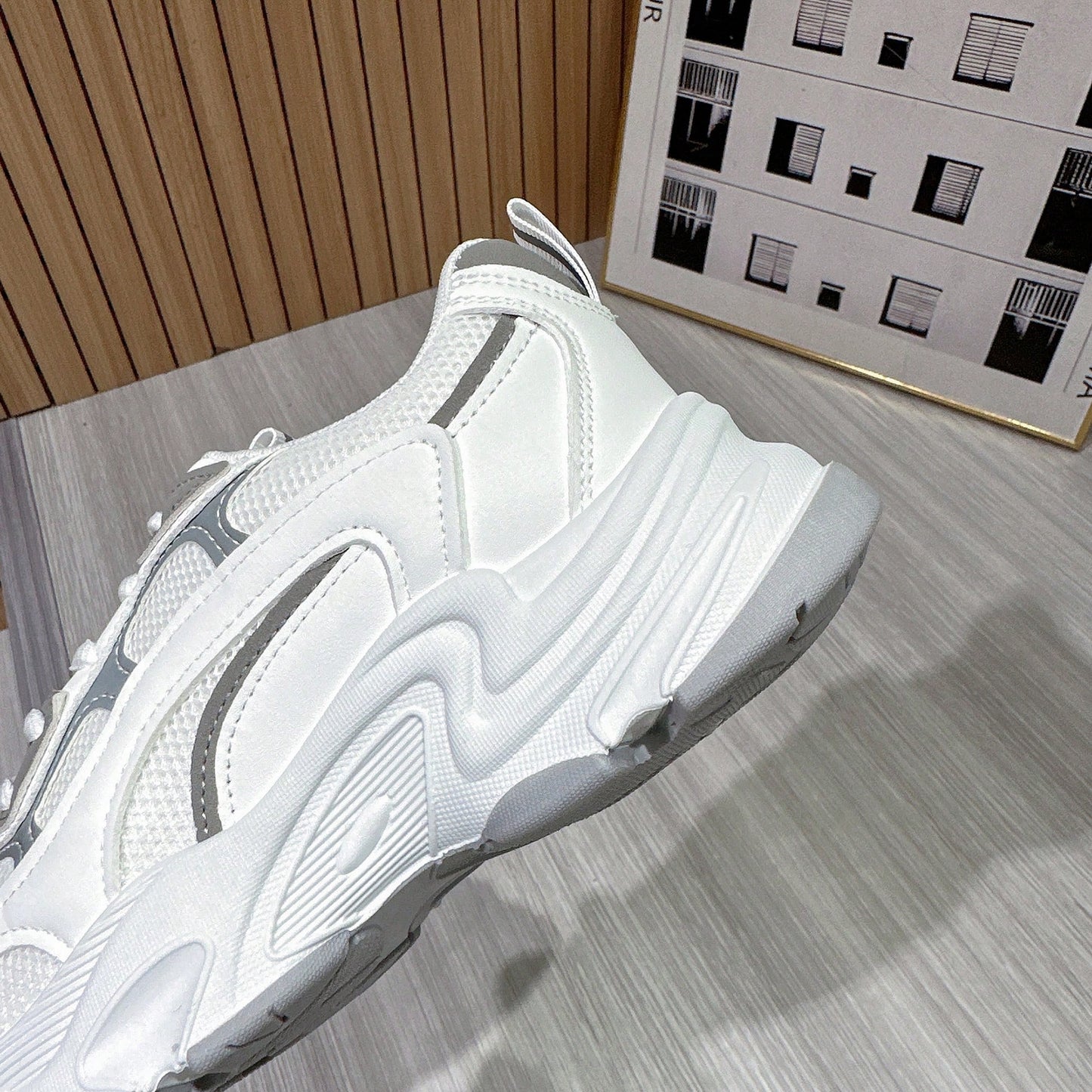 Women Round Toe Lace-Up Color Block Mesh Breathable Comfortable Fashionable Casual Thick Sole Sneakers, Versatile White Shoes For Women