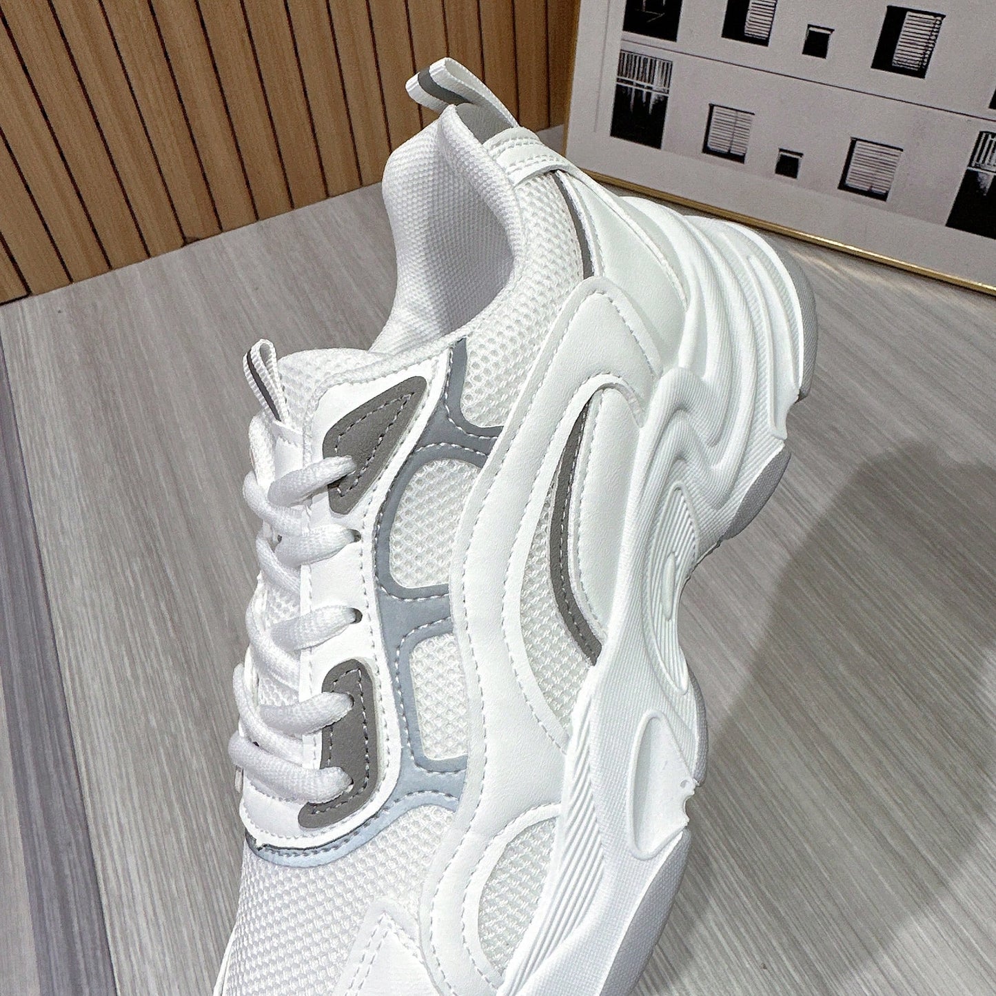 Women Round Toe Lace-Up Color Block Mesh Breathable Comfortable Fashionable Casual Thick Sole Sneakers, Versatile White Shoes For Women