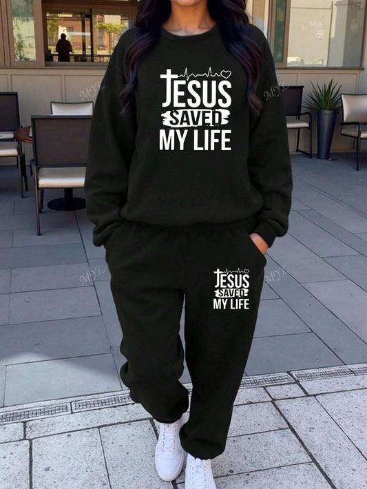 Slogan Graphic Printed Women's Casual Sports Sweatshirt Suit Two-Piece Set Autumn And Winter