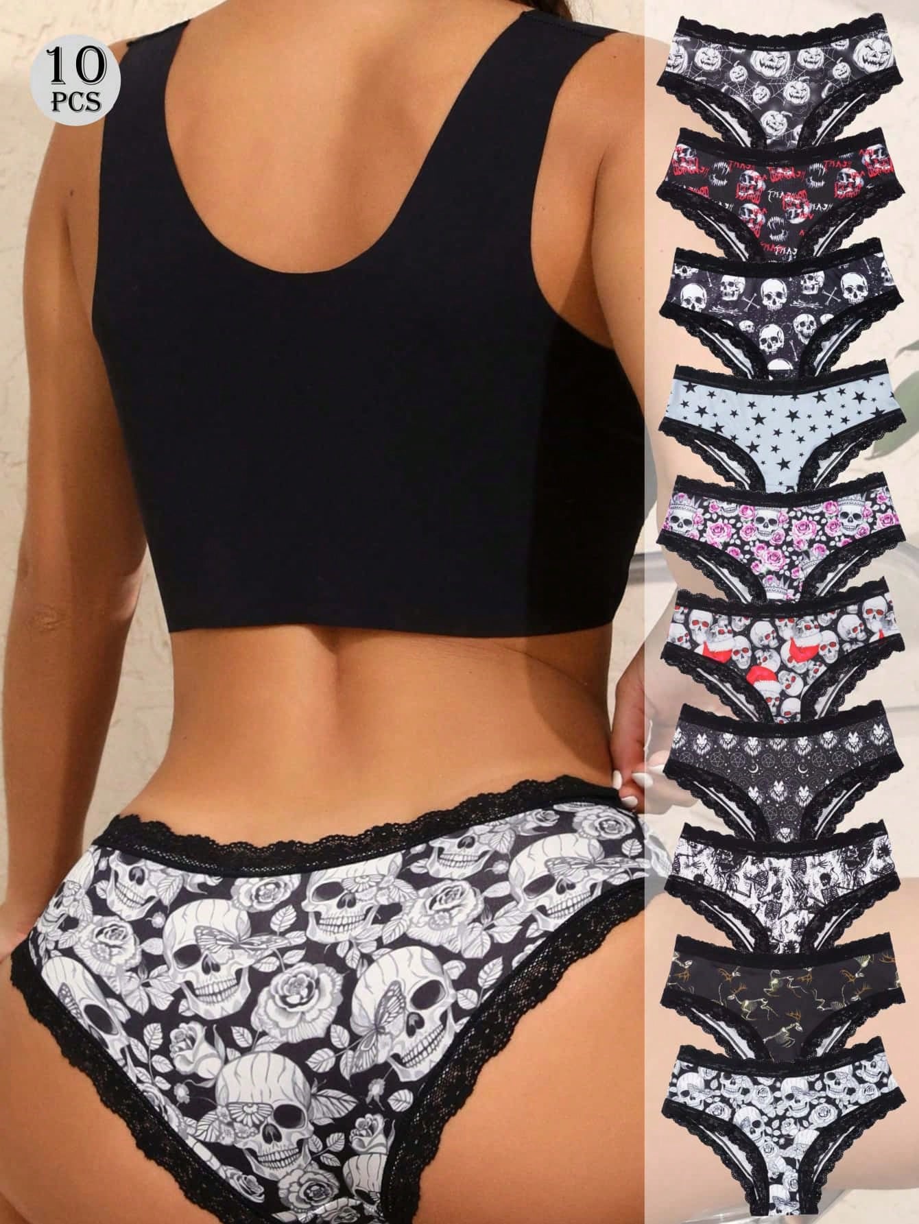 Morvia 10pcs Women Sexy Gothic Chic Low-Rise Hipsters - Contrast Lace, Allover Halloween Skull & Eyeballs & Stars & Jack-O-Lanterns Allover Print, Comfortable Hipster Panties For Women - Halloween Lingerie & Underwear-Comfortable, Assorted Styles, Perfec