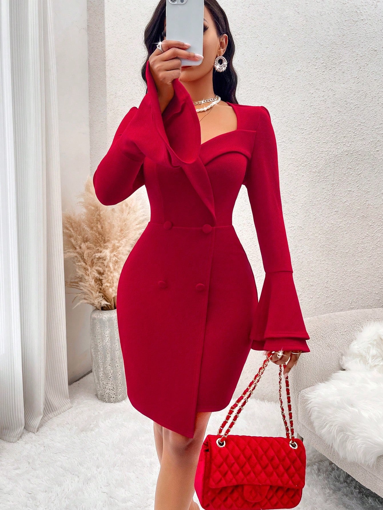 SOLERSUN Sweetheart Collar Bell Sleeves Button Detail Dress For New Year Clothes