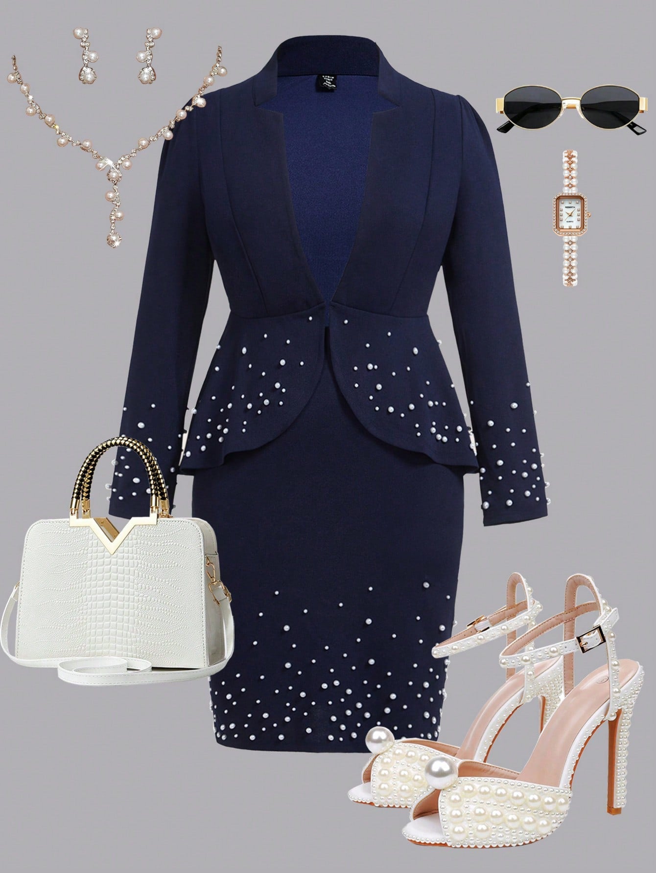 Clasi Plus Size Solid Color Ruffle Hem Long Sleeve Blazer And Pencil Skirt Elegant Suit Set, Women Business Clothes