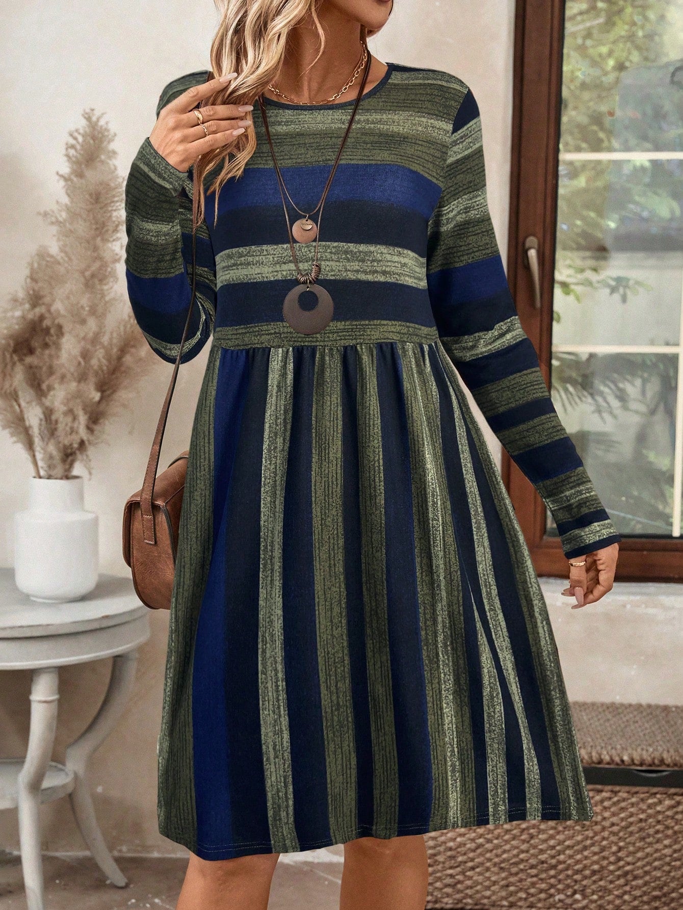 RusticEase Women Casual Color Block Striped Mini Dress For Autumn