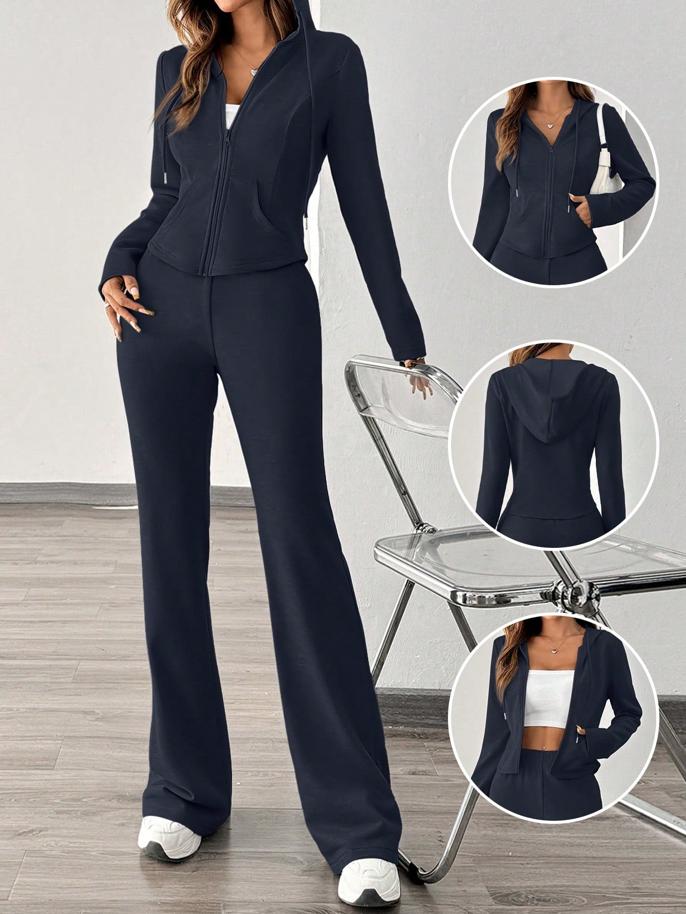 Essnce 2pcs Women Fashion Casual Sports Sweatsuit, Hoodie Jacket And Wide Leg Pants, Autumn