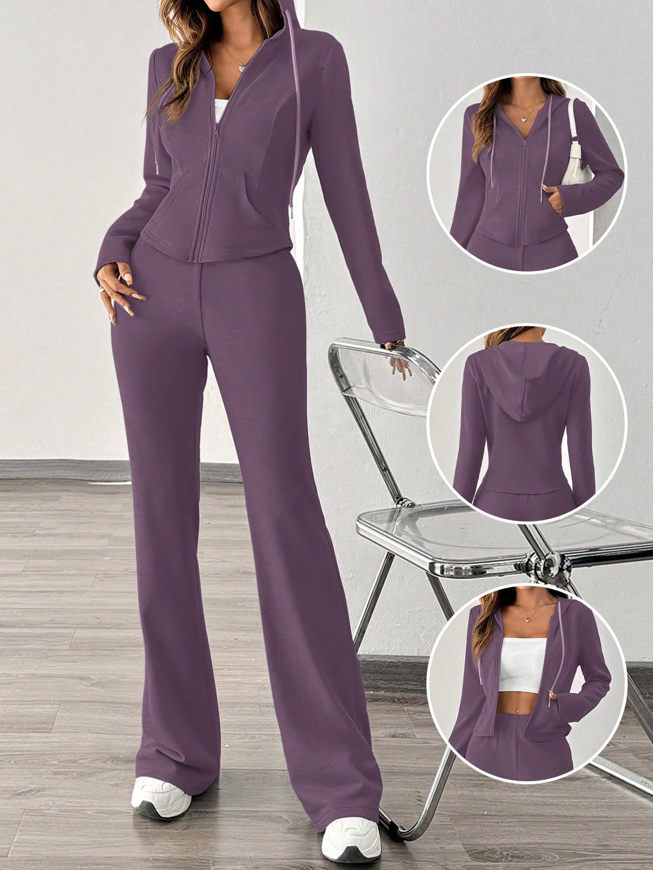 Essnce 2pcs Women Fashion Casual Sports Sweatsuit, Hoodie Jacket And Wide Leg Pants, Autumn