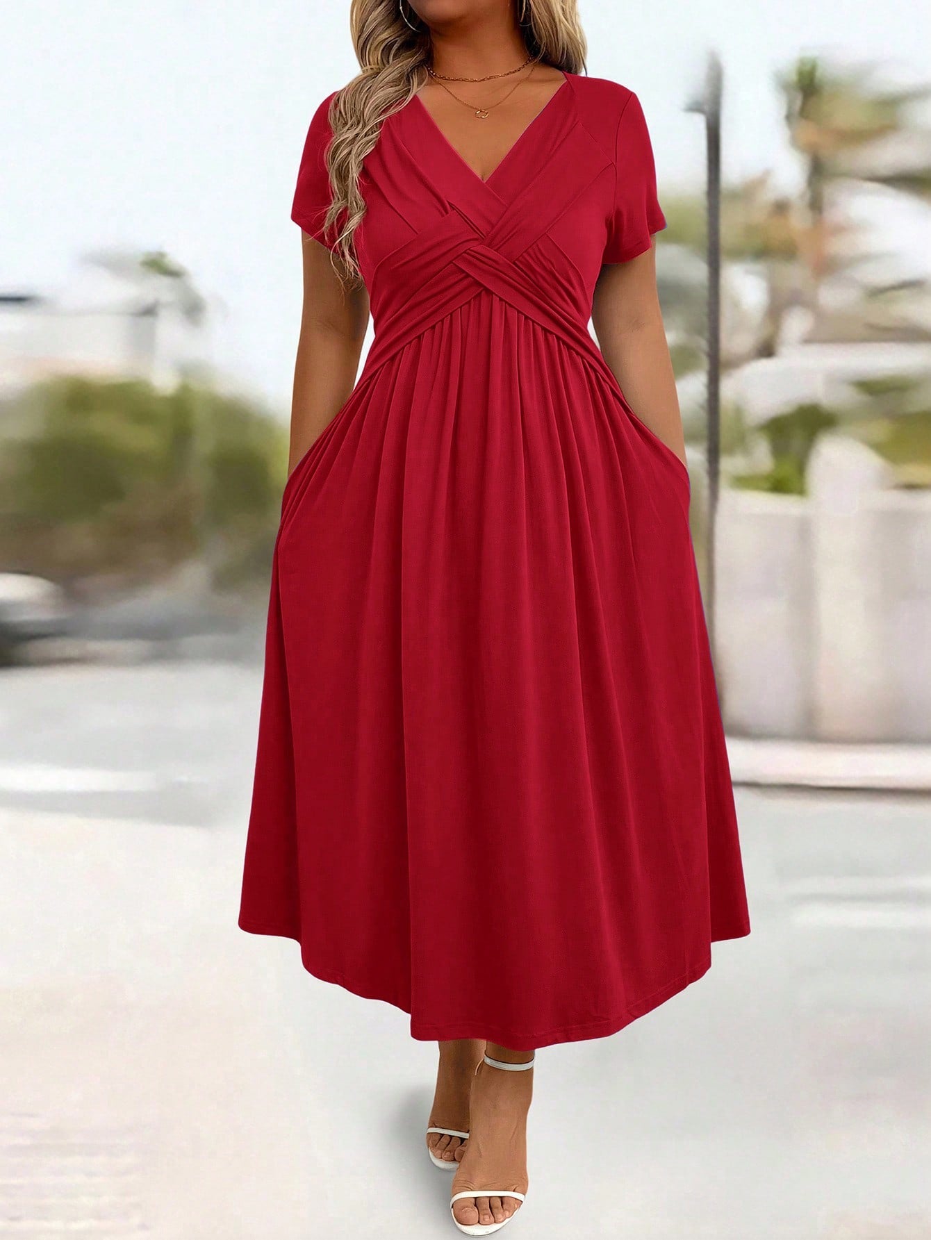 Plus Size Solid V-Neck Short Sleeve Pocket Casual Long Dress Burgundy Maxi Women Outfit