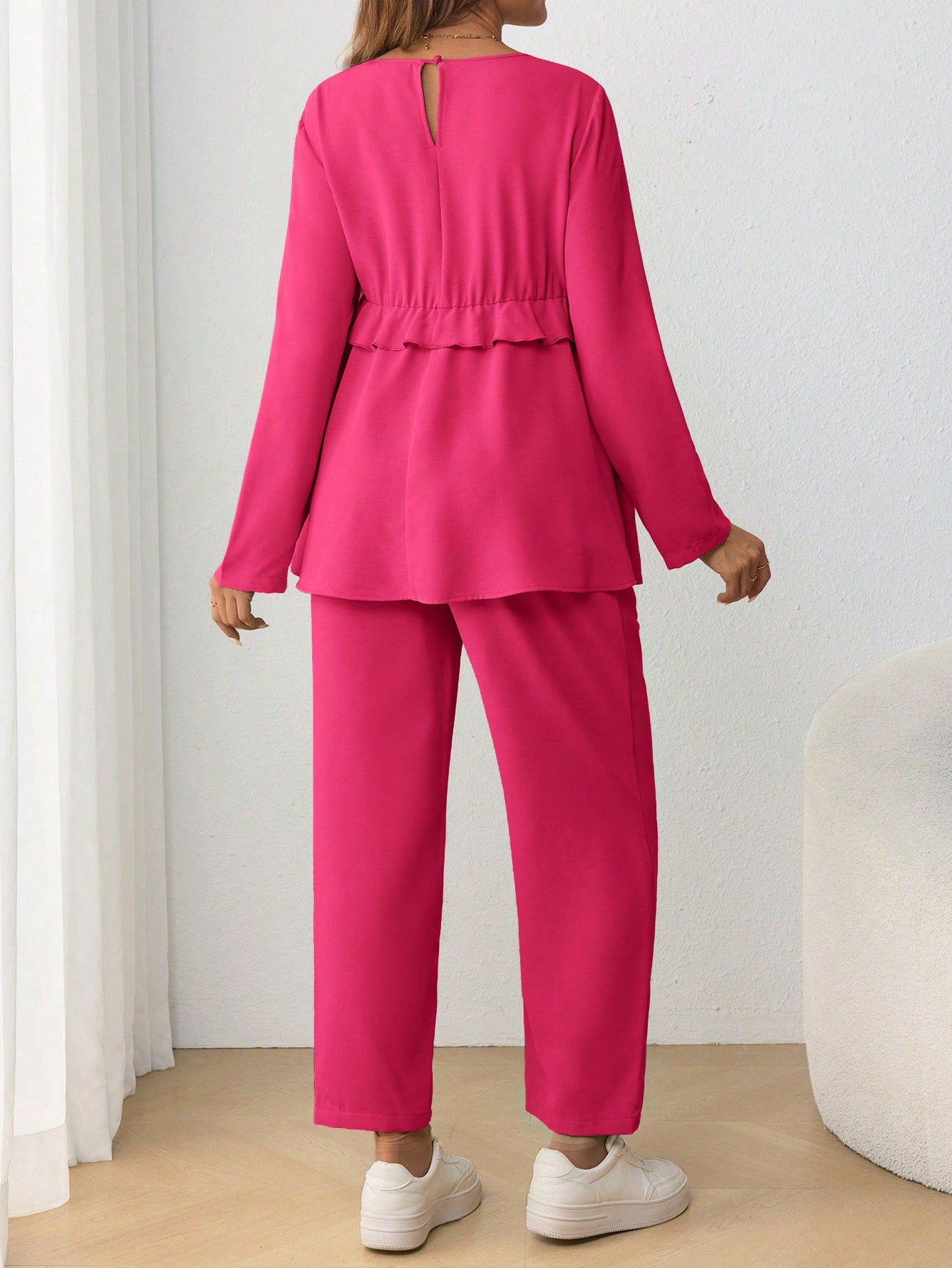 2pcs Maternity Set: Adjustable Waist Casual Round Neck Long Sleeve T-Shirt For Pregnant Women