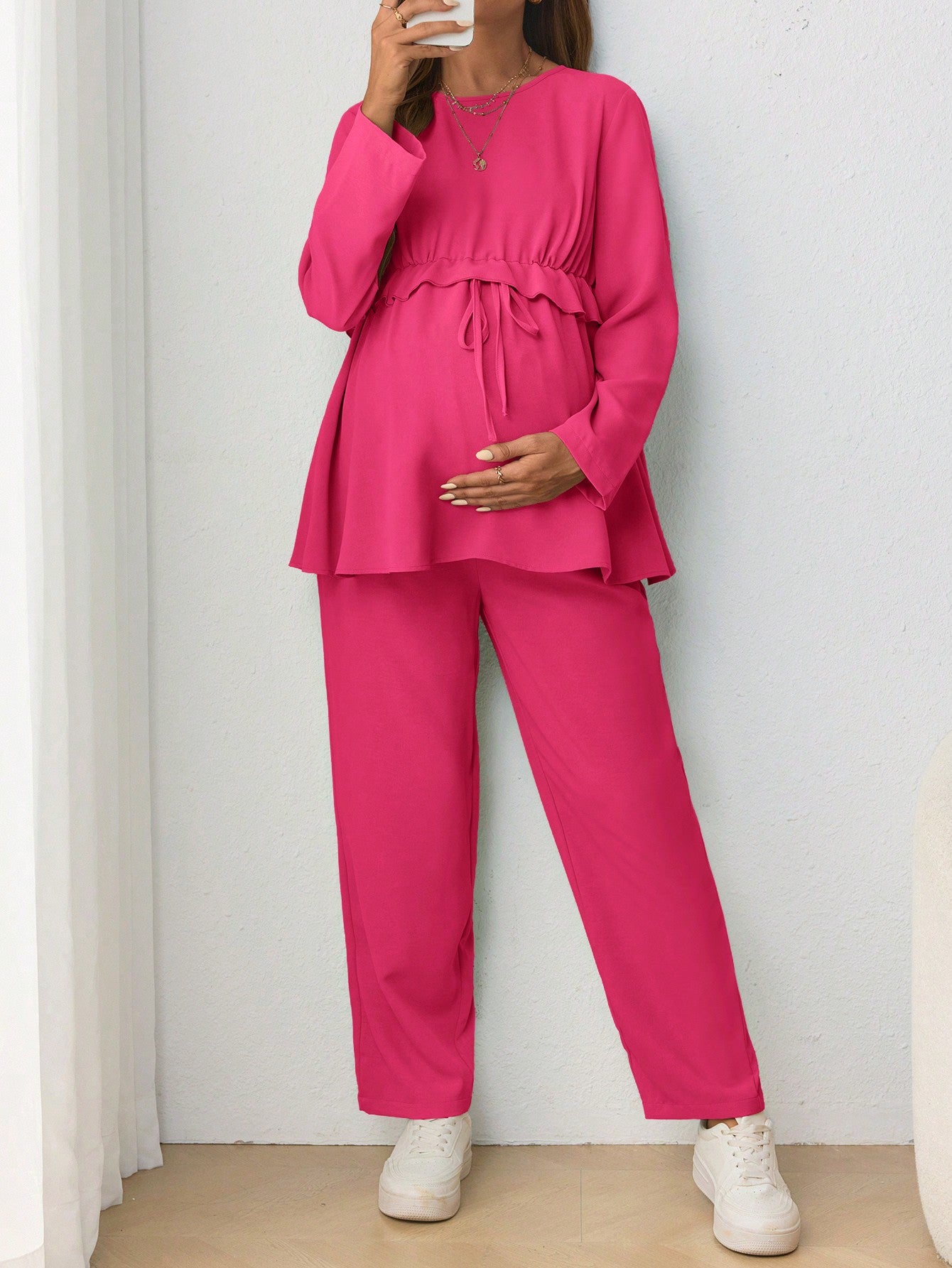 2pcs Maternity Set: Adjustable Waist Casual Round Neck Long Sleeve T-Shirt For Pregnant Women