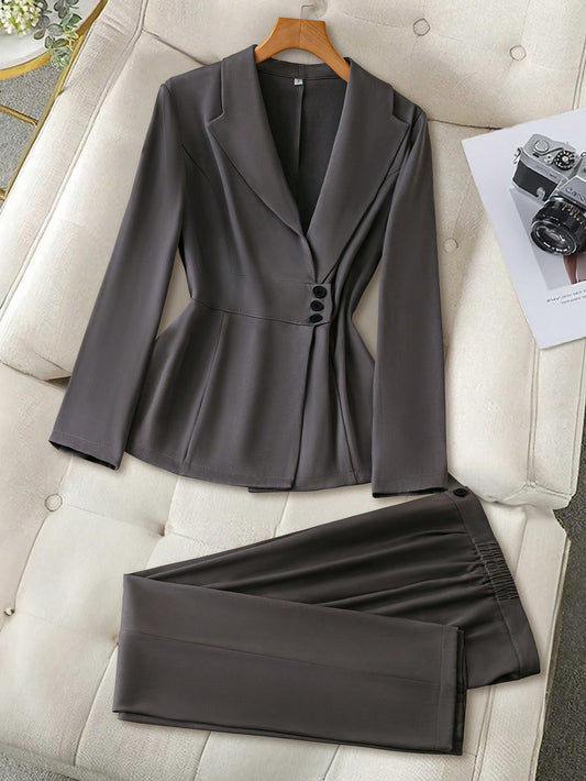 Clasi Women's Autumn Solid Color Lapel Neck Long Sleeve Jacket And Pants Elegant Suit Set