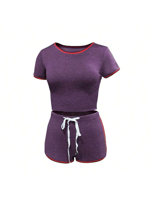 Women 2 Piece Gym Set Short Sleeve Round Neck Top   High Waist Short Pants Tracksuit Set Summer Yoga Sportswear