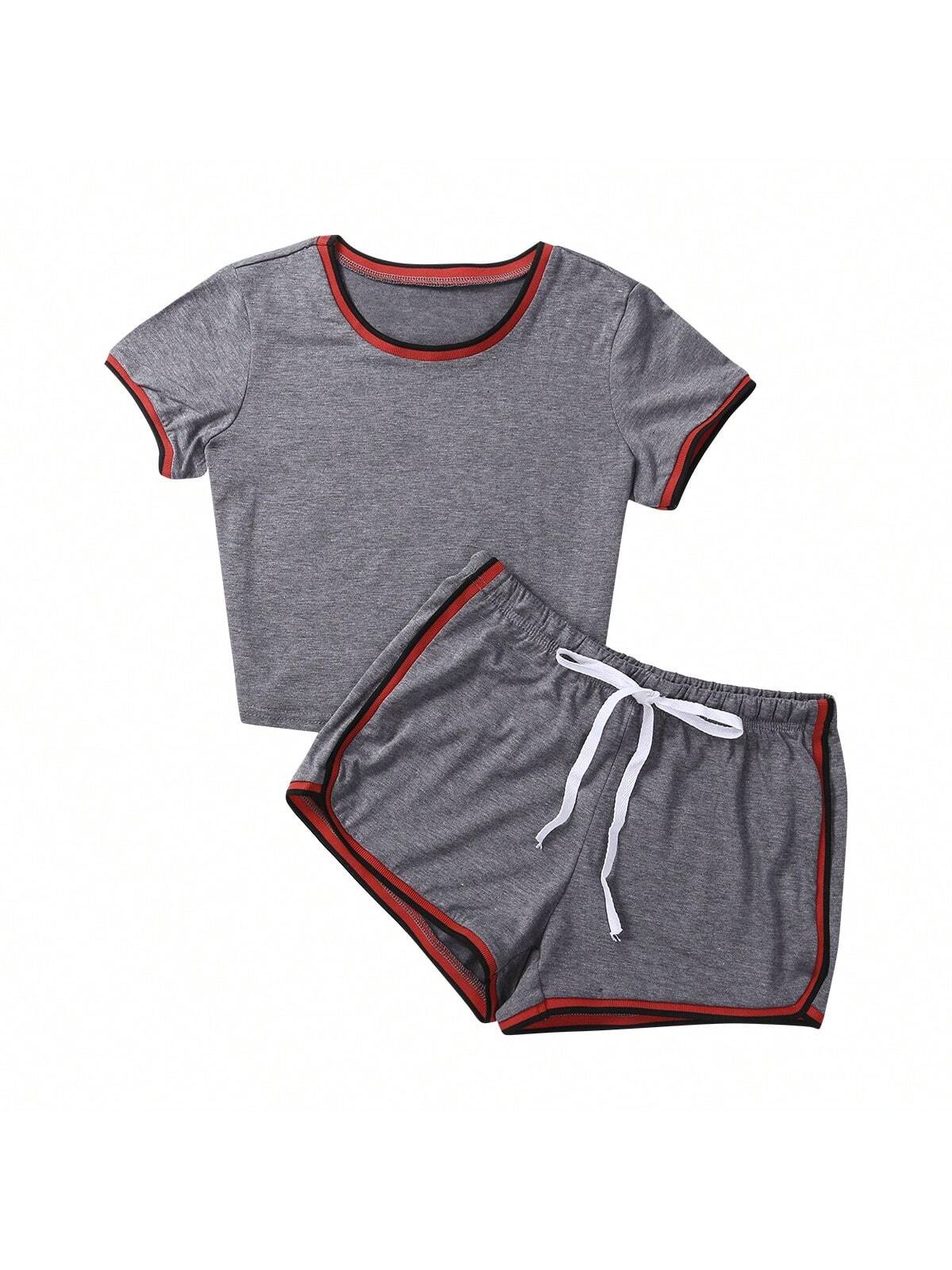 Women 2 Piece Gym Set Short Sleeve Round Neck Top   High Waist Short Pants Tracksuit Set Summer Yoga Sportswear