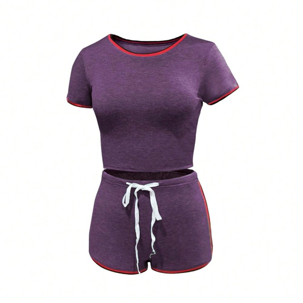 Women 2 Piece Gym Set Short Sleeve Round Neck Top   High Waist Short Pants Tracksuit Set Summer Yoga Sportswear